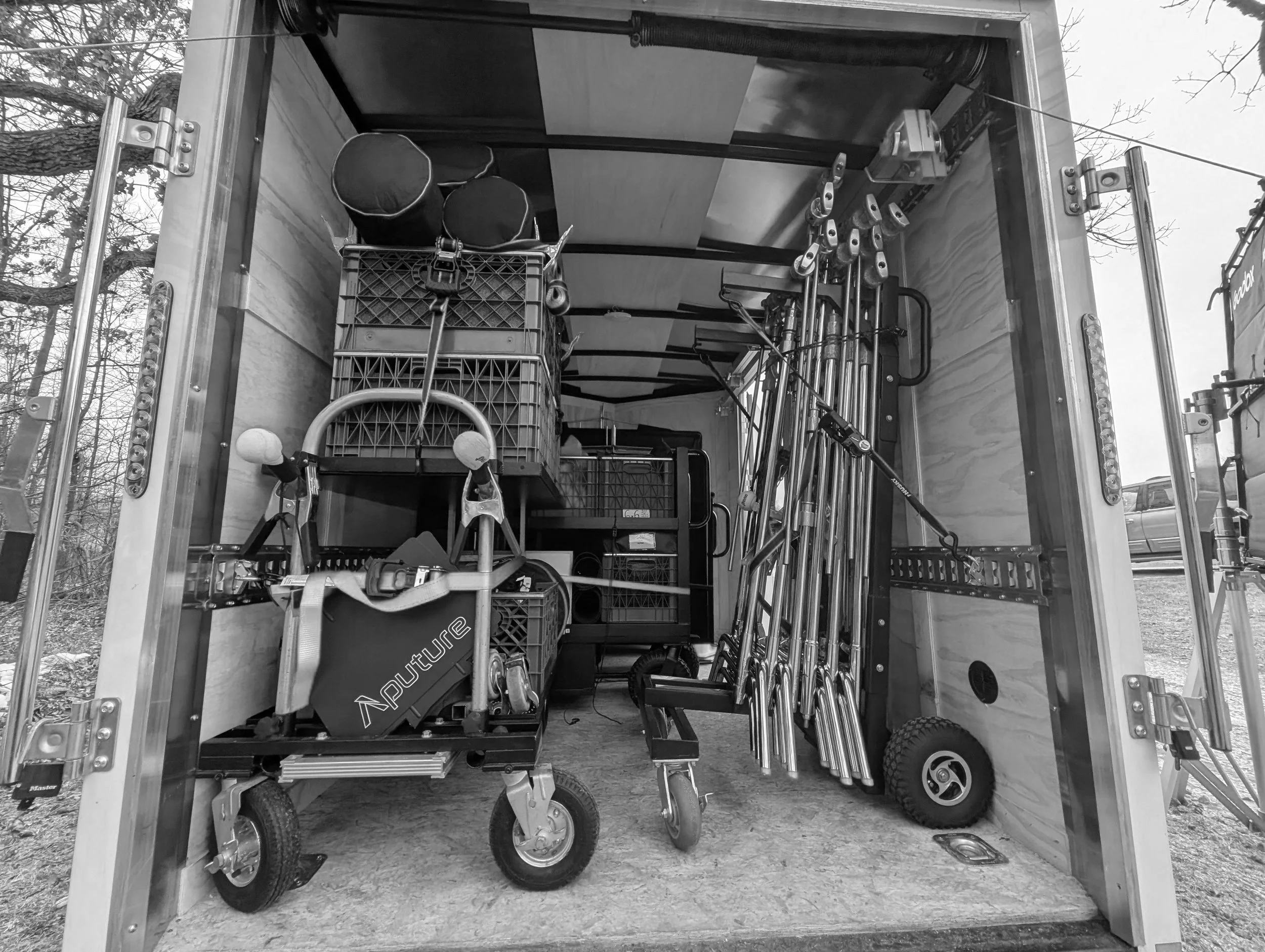 Lighting equipment on a Wisconsin commercial shoot in a grip truck