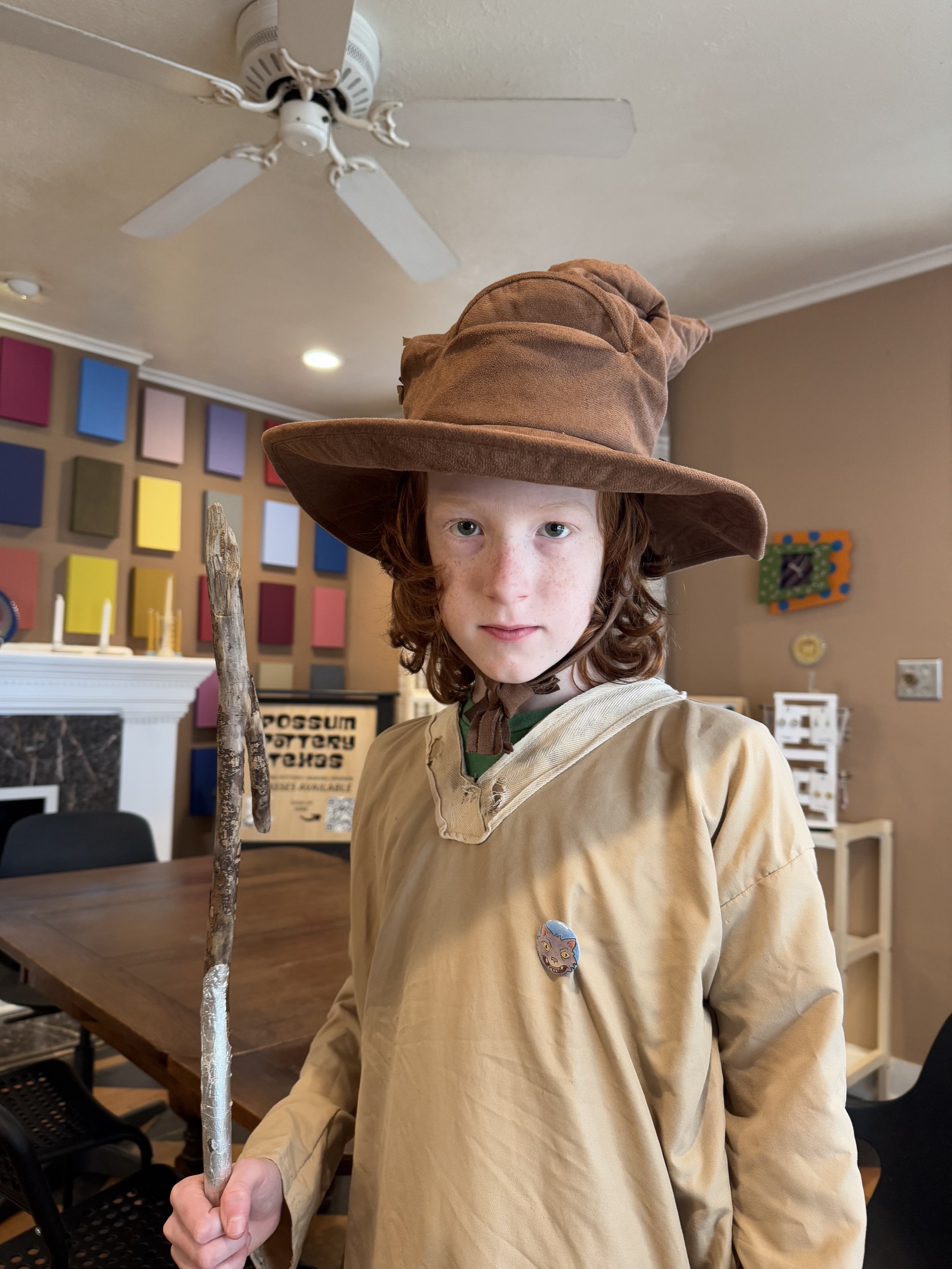 Child dressed in medieval costume with brown hat and robe, holding a wooden staff, standing in a room with colorful wall panels and a wooden table.