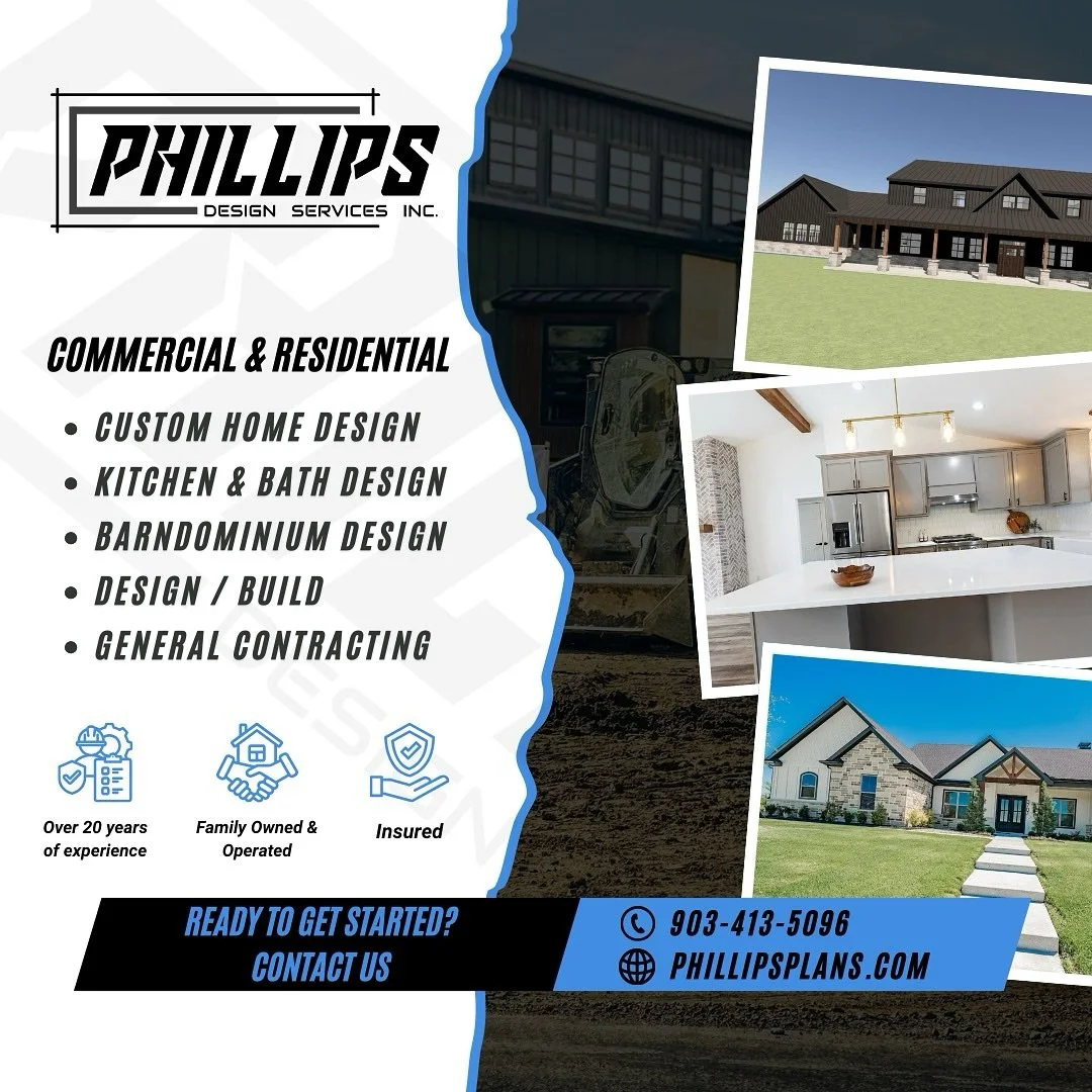 Phillips Design Services proudly serves North Texas and the surrounding areas, bringing over 20 years of design and construction expertise to every project!

We specialize in both Commercial &amp; Residential projects, offering:

&bull;Custom Home De