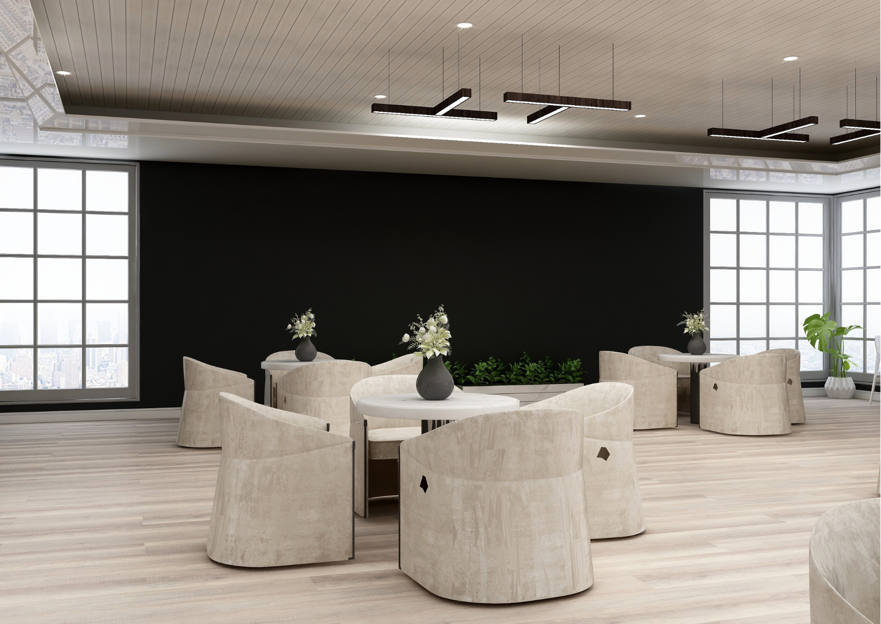 Modern dining area with beige chairs, white tables, black vases with white flowers, light wood flooring, large windows, and a black accent wall with a city view.
