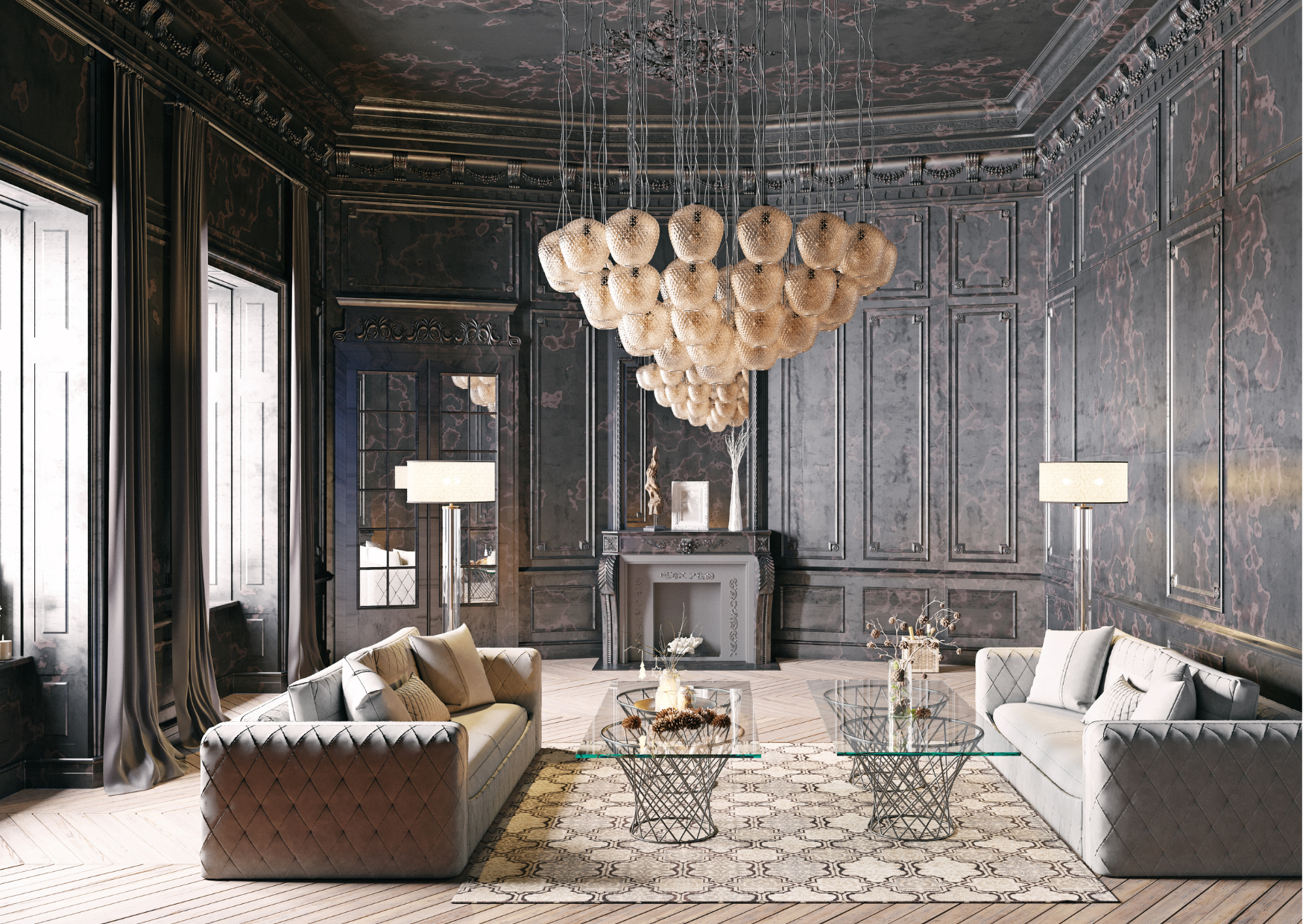 Luxurious living room with dark ornate walls, a central fireplace, two white quilted sofas, glass coffee tables with decorative items, tall windows with heavy drapes, and a large cluster chandelier hanging from the decorated ceiling.