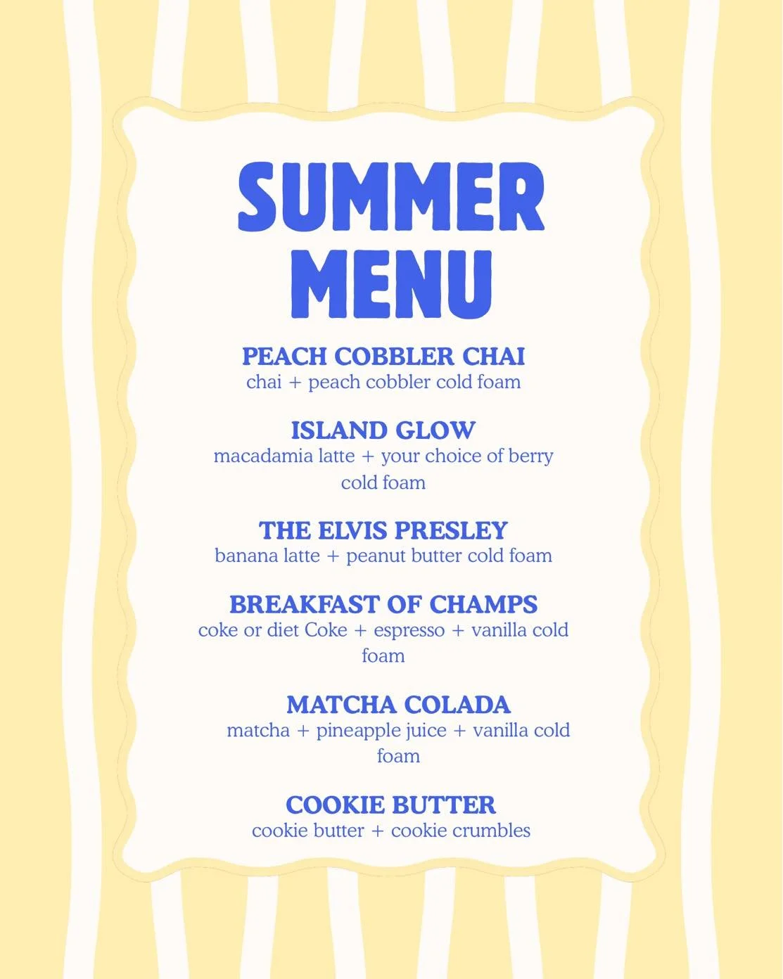 ☀️ SCHOOL&rsquo;S OUT&hellip; and the summer menu came to play. ☀️

She&rsquo;s fruity. She&rsquo;s caffeinated. She&rsquo;s slightly unhinged.
Basically everything summer should be.

🍑 Peach Cobbler Chai
Brown sugar chai topped with a peach cobbler