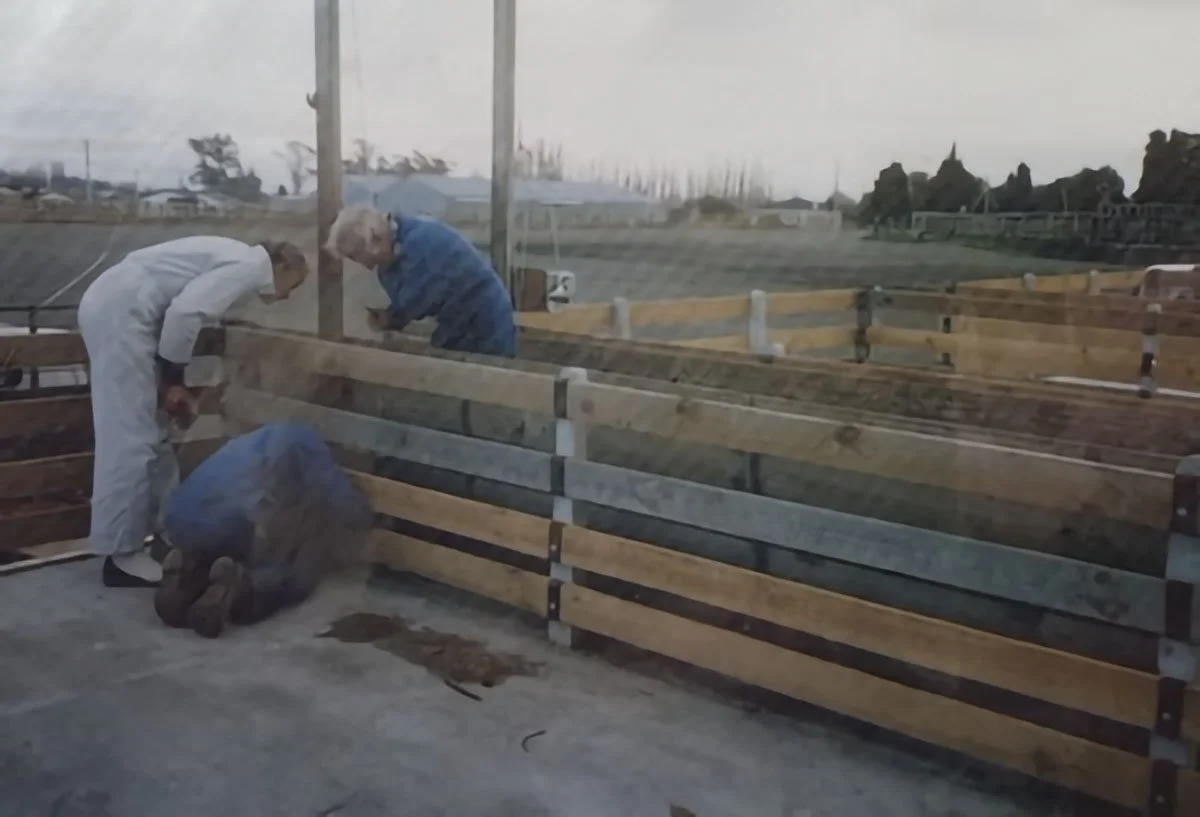 Three people working on assembling a wooden fence outdoors, with a rural landscape in the background.