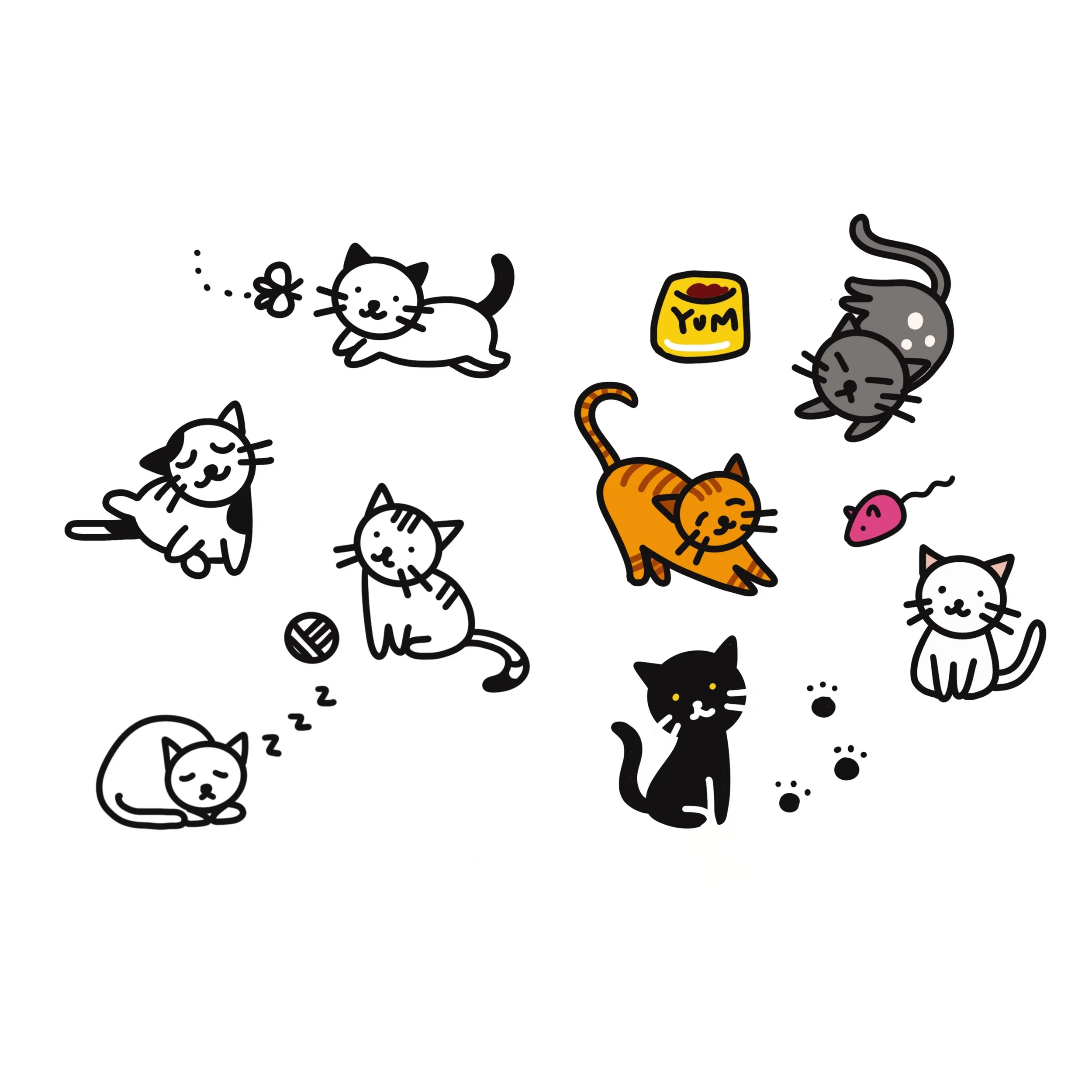 Cute cartoon cats in various poses with accessories like yarn, food, and toys on a white background.