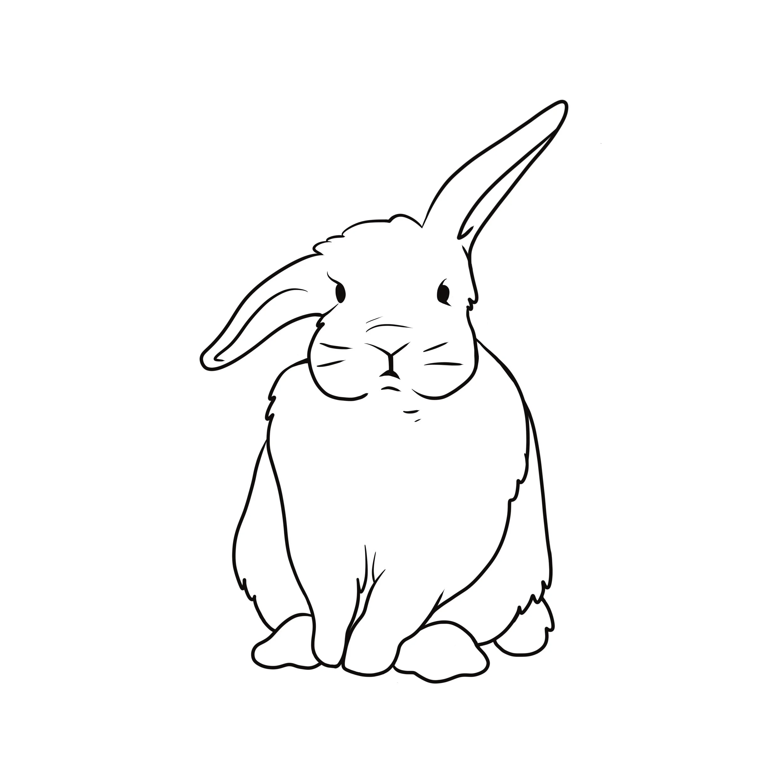 Outline drawing of a sitting rabbit with one ear upright and one ear floppy.