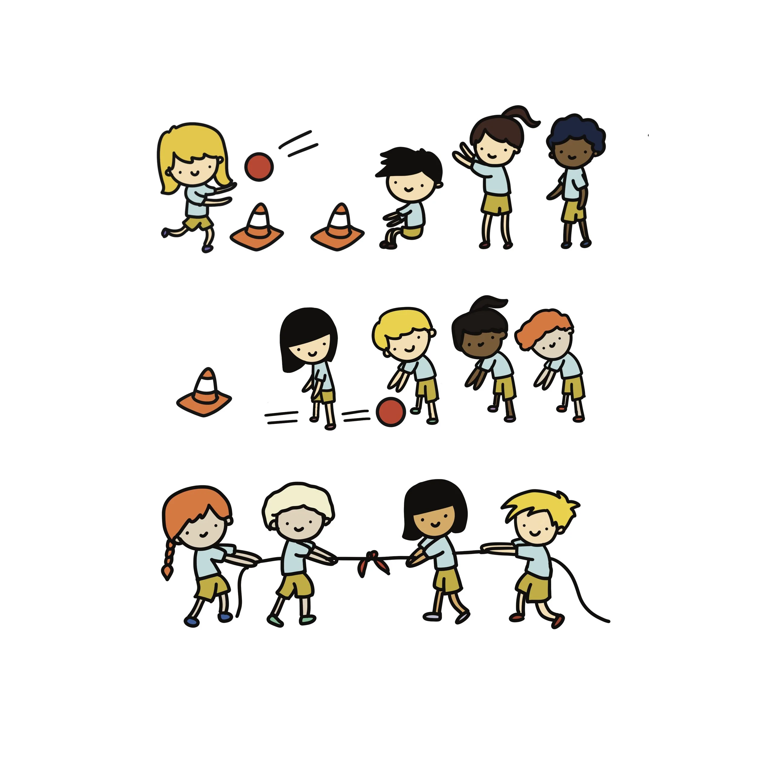 Illustration of children playing outdoor games, including dodgeball and tug-of-war, with smiling kids and equipment like cones and ropes.