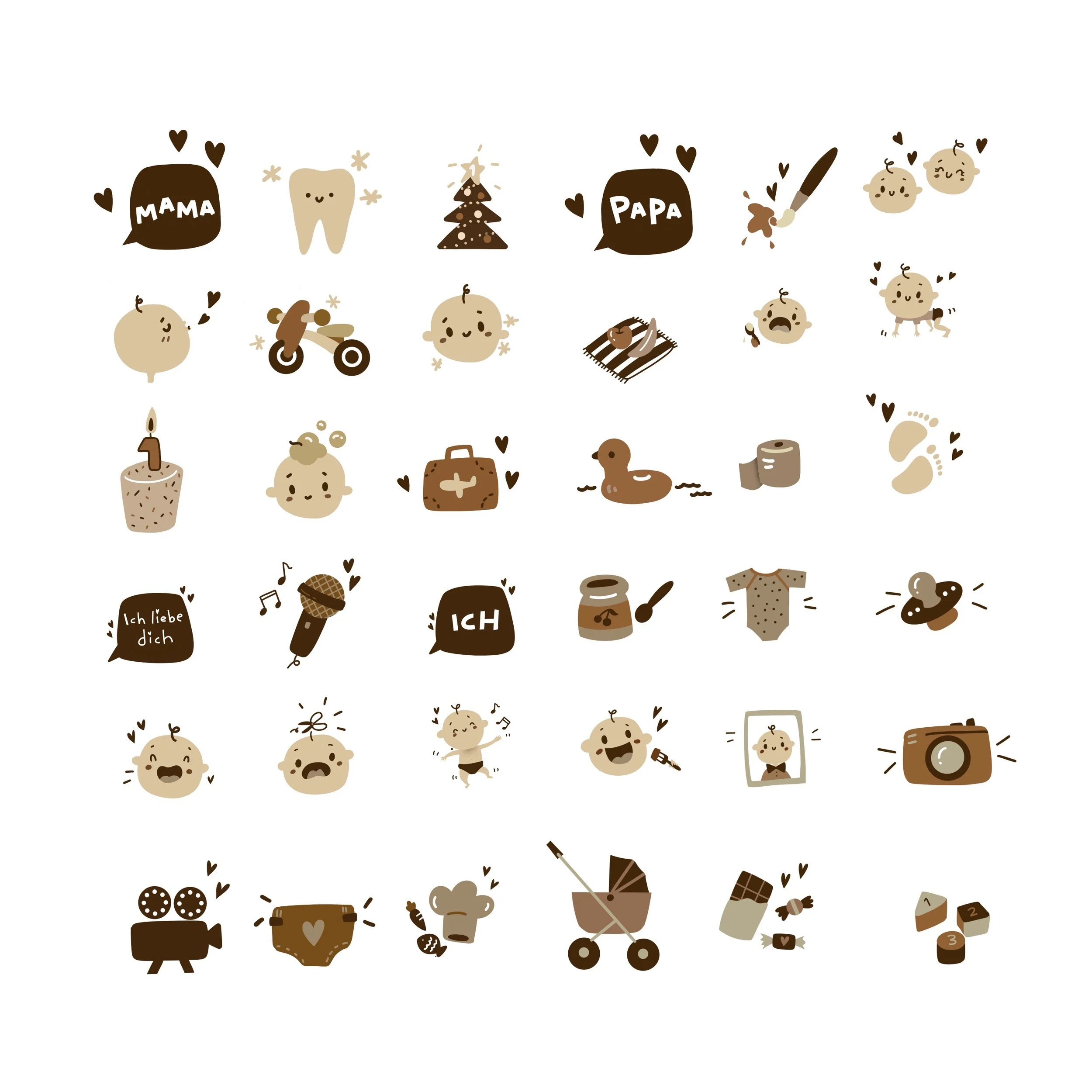 A collage of cartoon-style icons related to babies and parents, including speech bubbles with words 'Mama', 'Papa', and 'Ich', various baby objects like a pacifier, diaper, and stroller, as well as symbols like a Christmas tree, tooth, and camera.