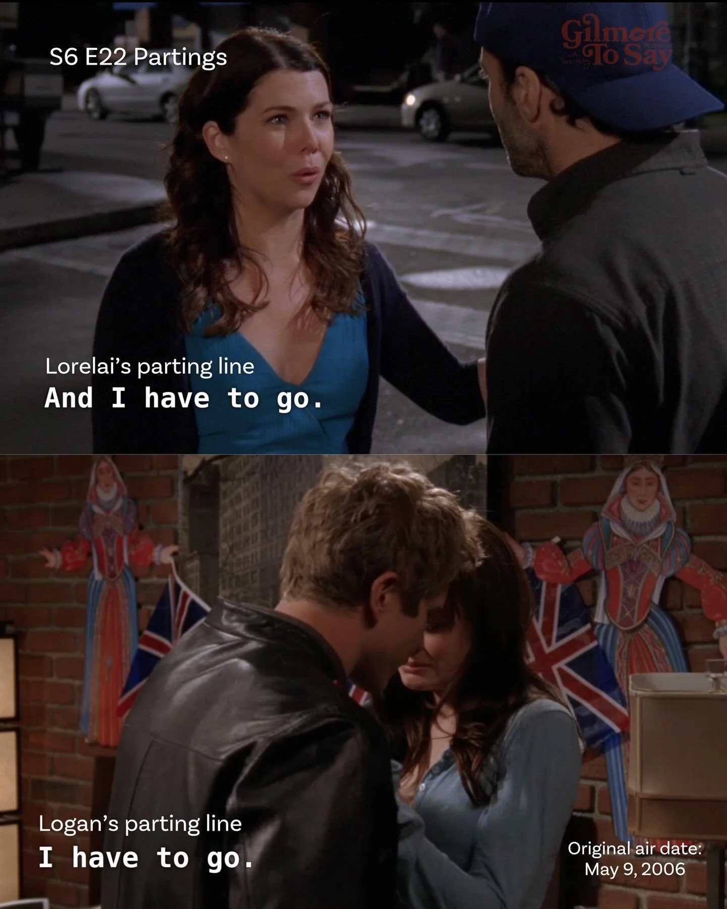 a partings parallel

20 years ago, Partings aired! Do you think this was Amy &amp; Dan&rsquo;s farewell to the audience through Lorelai and Logan? &ldquo;I have to go&rdquo;?