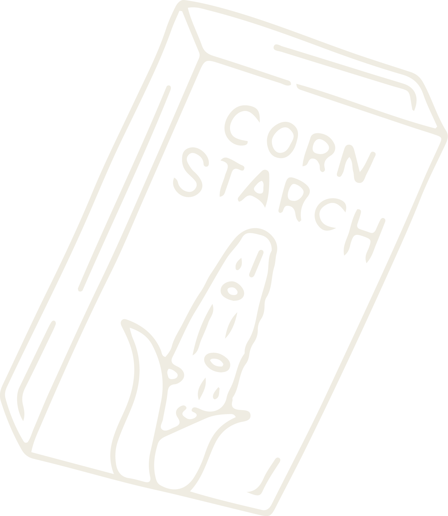 Line drawing of a can of corn starch with a hand holding a corn cob, on a black background.