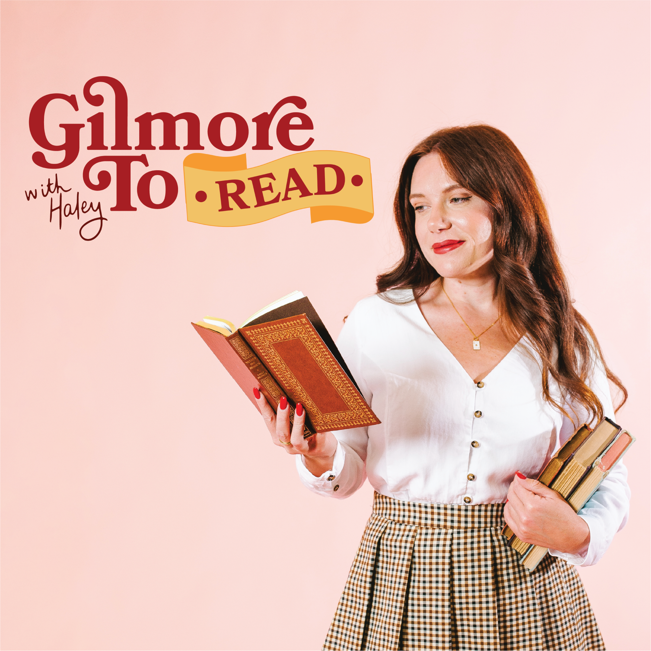A woman with long red hair wearing a white blouse and checkered skirt holds several books against a pink background, with text that reads 'Gilmore To Read with Haley' and a logo.