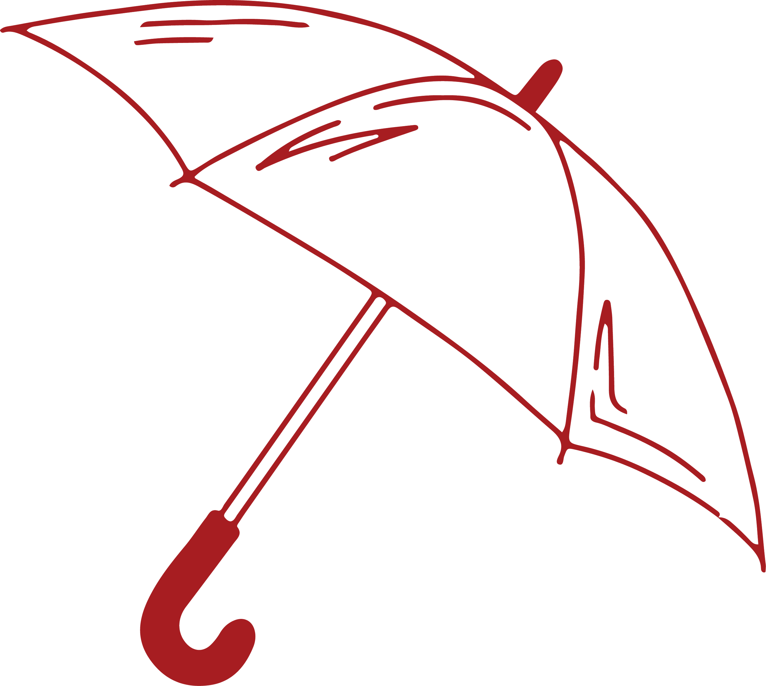 Line drawing of an open umbrella with a curved handle.