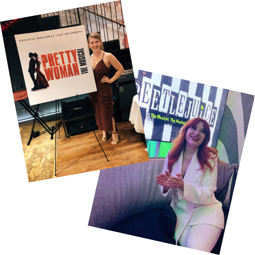 Two women at musical theater events. One woman as a performer dressed in a brown dress standing beside a sign for 'Pretty Woman The Musical' with a silhouette of a woman and a shopping bag. The other woman as an attendee sitting on a couch in front of a screen displaying 'Electra Lounge The Musical' with green text, clapping and smiling.