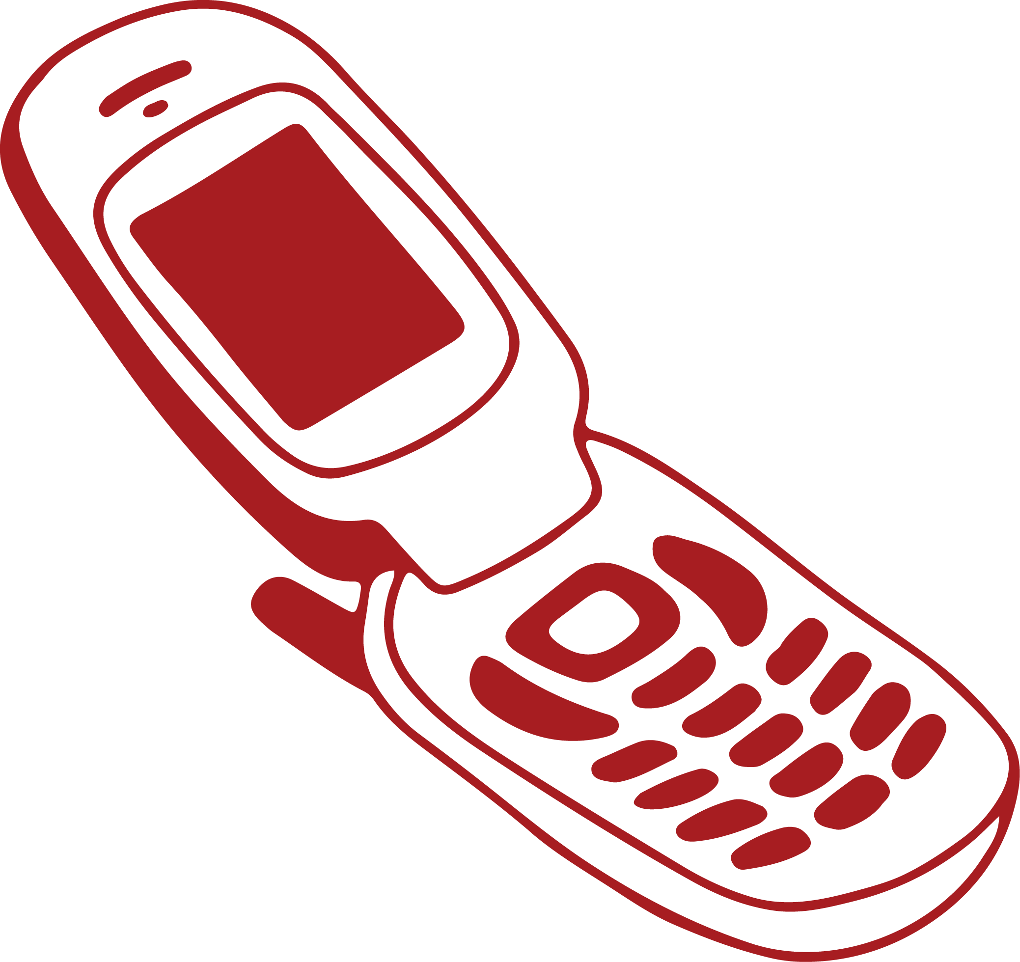 A digital illustration of an old-fashioned flip phone in red and black colors.