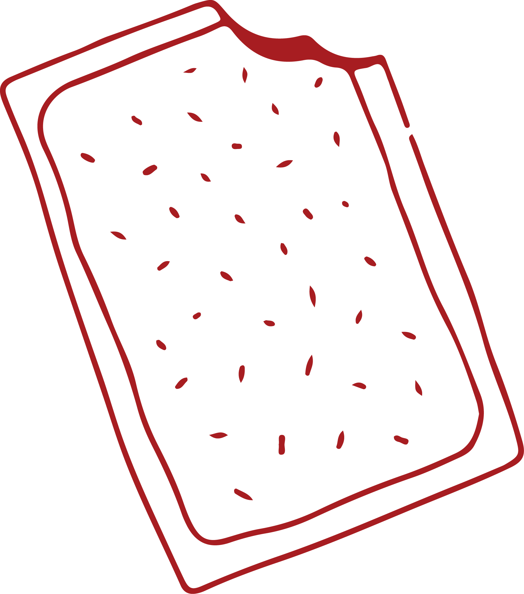 Line drawing of a rectangular baking dish filled with a fruit topping, sprinkled with small seeds or nuts.