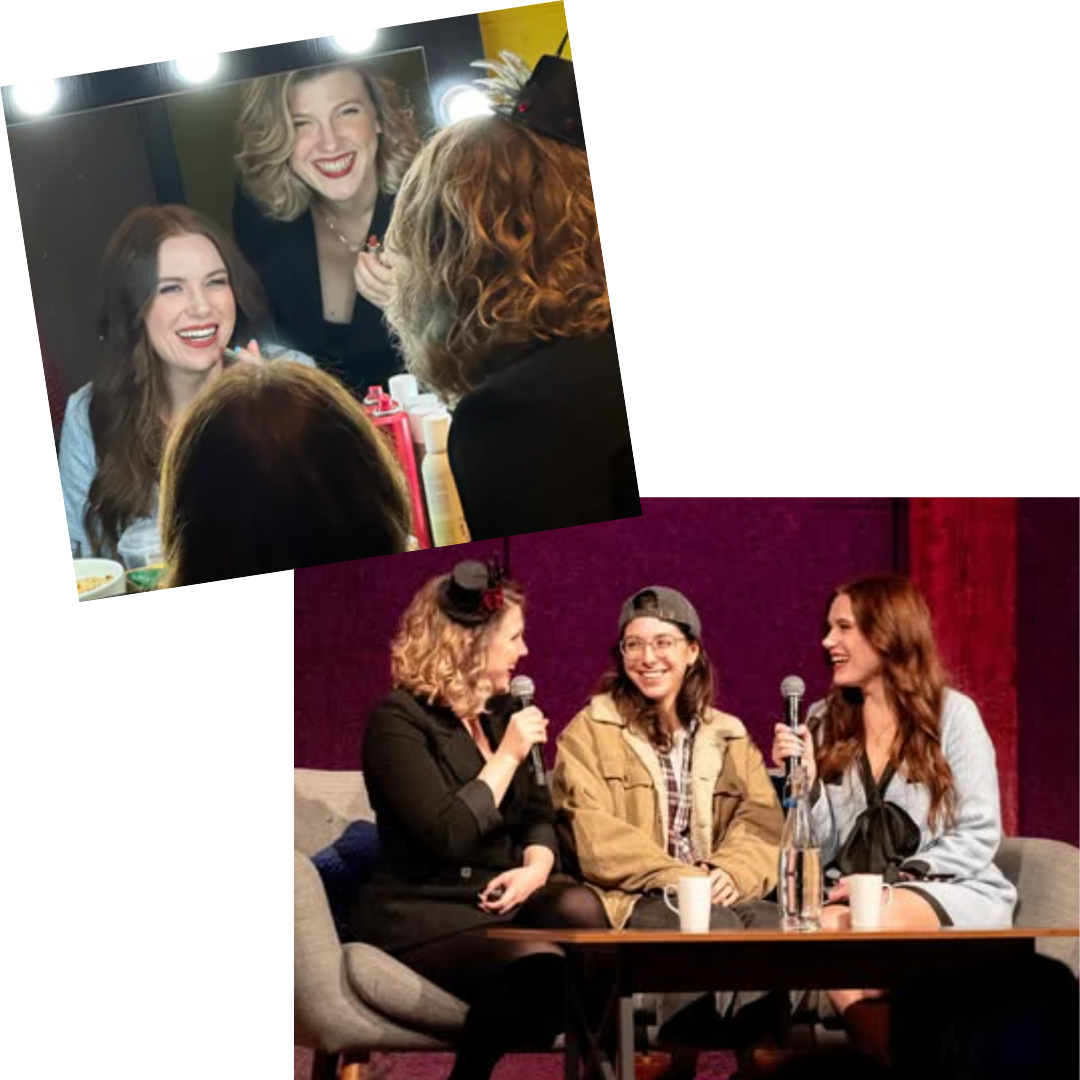 Collage of two photos showing women in social settings, one applying makeup and the other having a discussion.