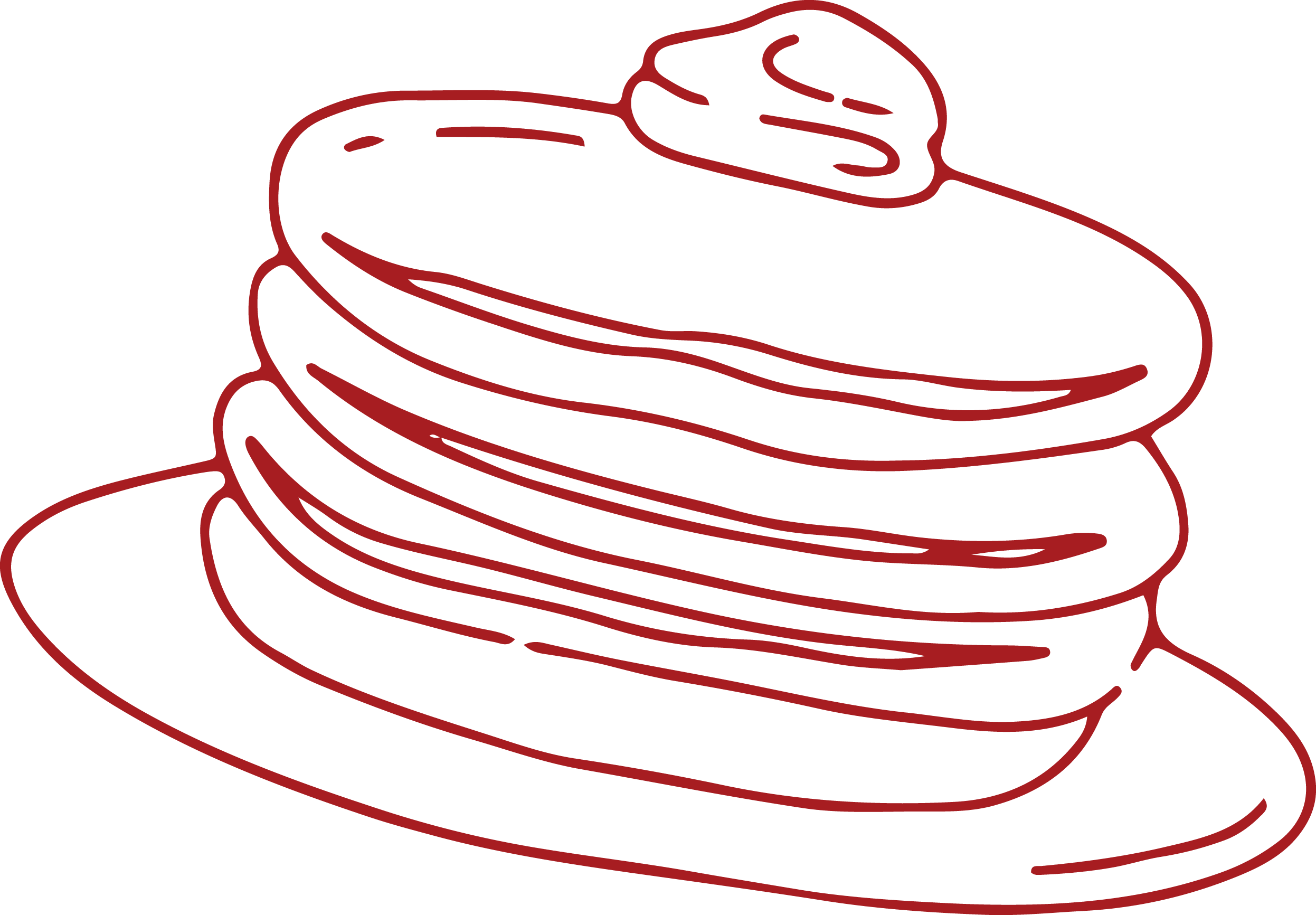 Stacked black pancakes with syrup on a black background, outlined in red.