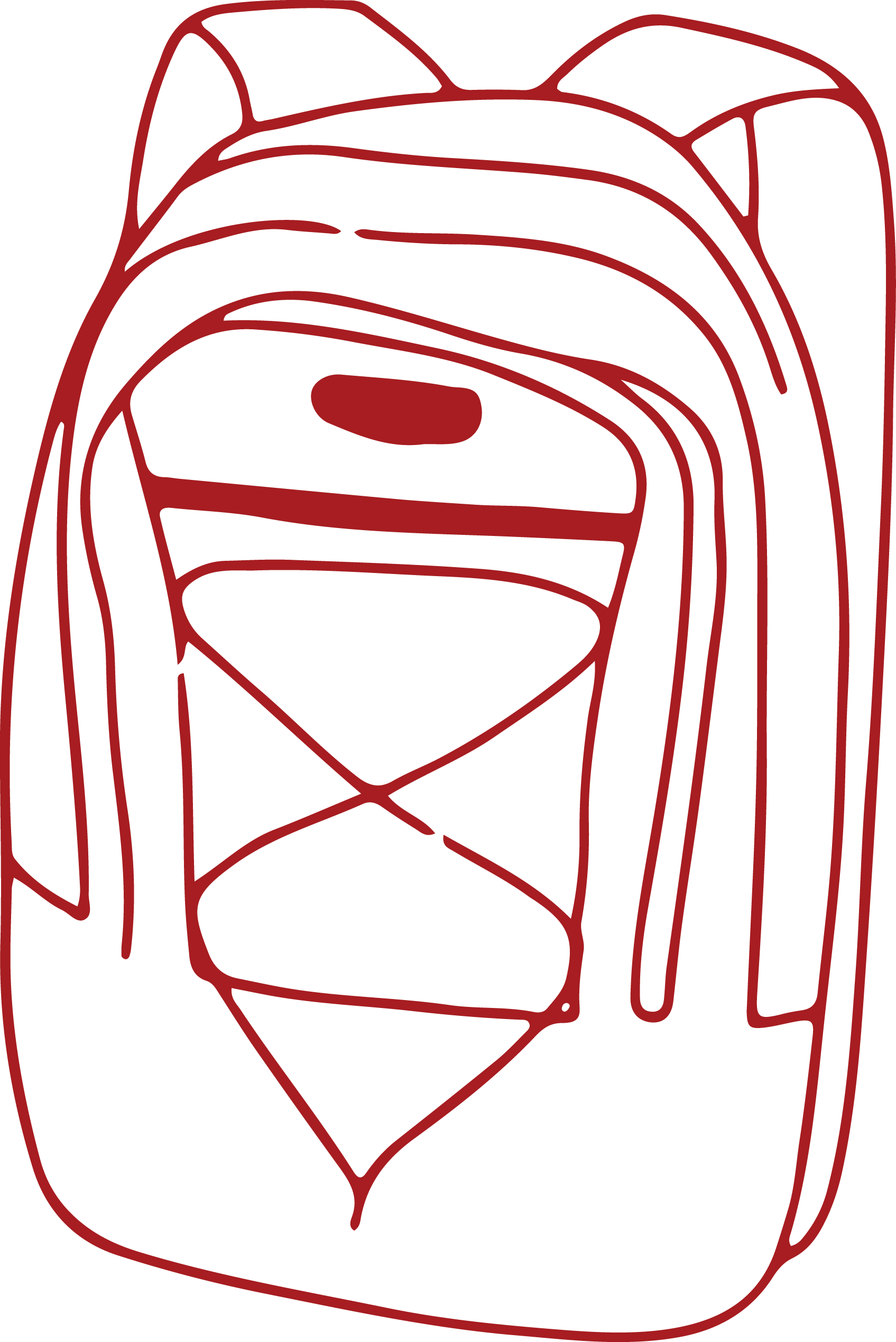 Red outline of a backpack with multiple compartments on a black background.