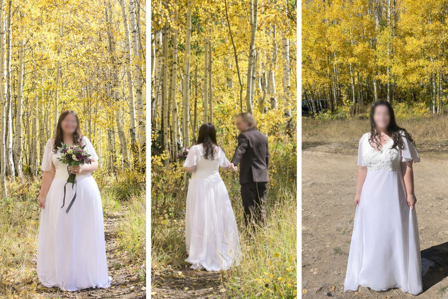 A woman in a white dress holding a bouquet of flowers standing in a forest with yellow autumn leaves, a couple exchanging vows in front of trees, and another woman in a white dress standing on a dirt path with a yellow-leaved forest background.