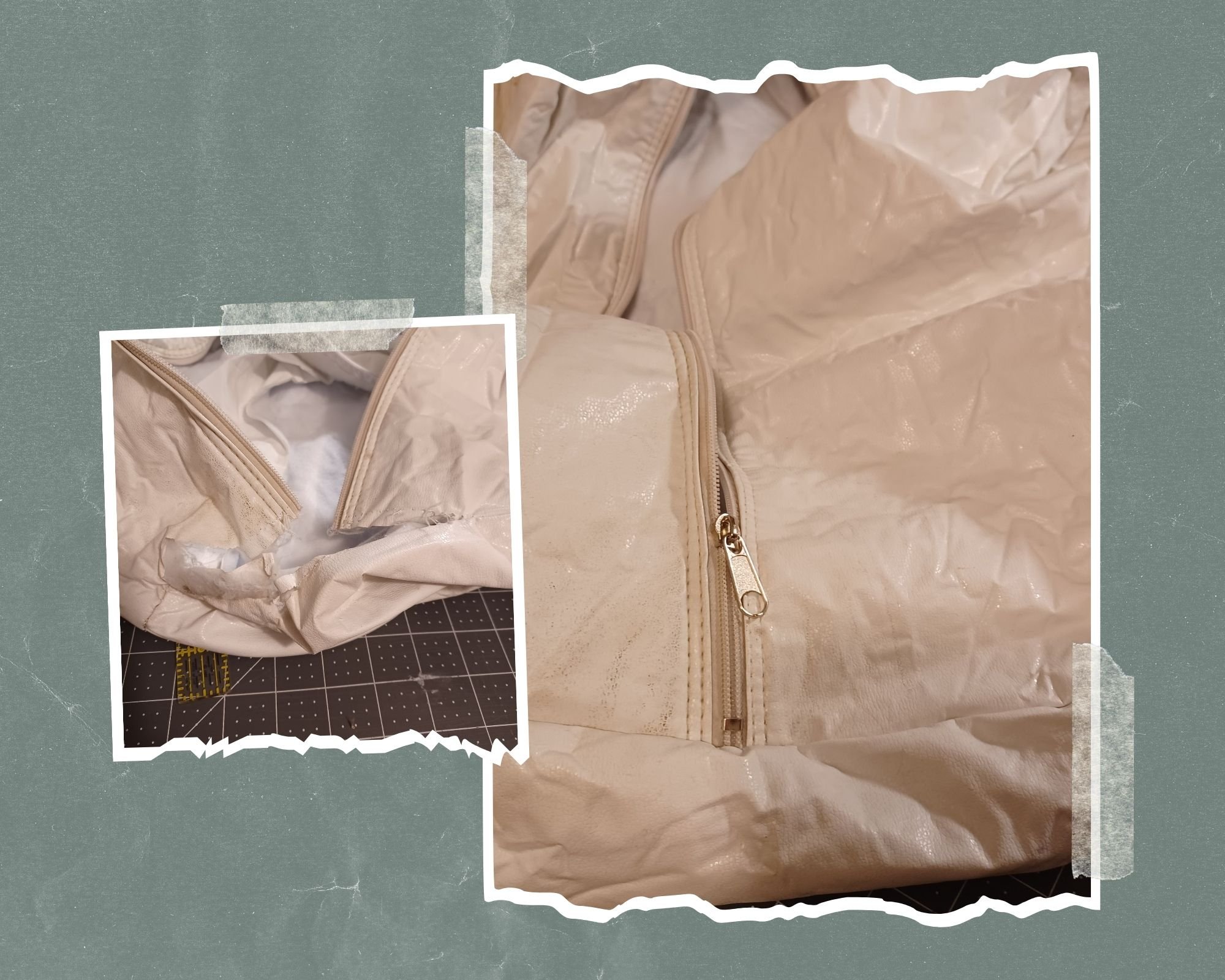 Close-up of a beige, shiny, zippered jacket or garment made of a slick material, laid out flat.