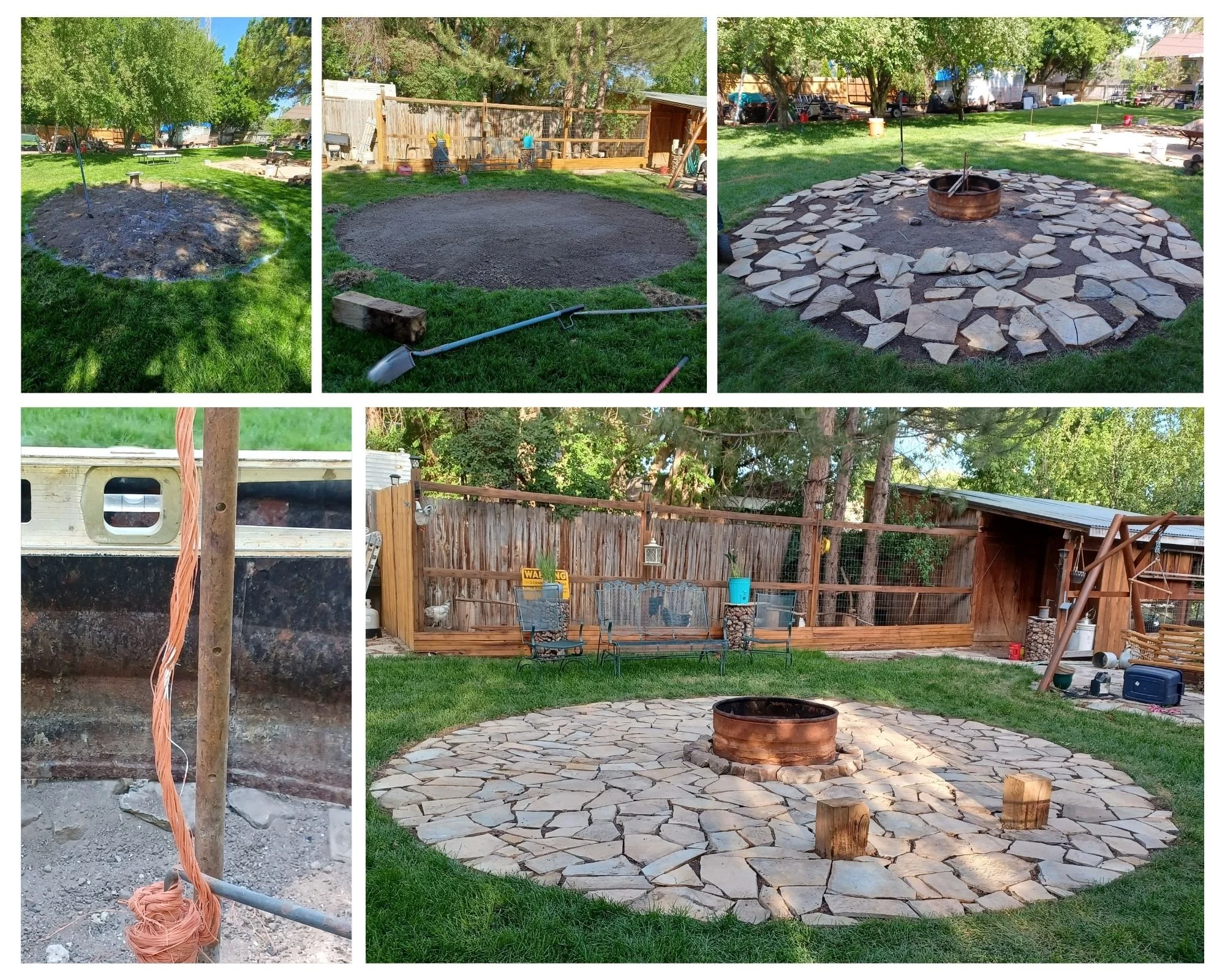Sequence of images showing the stages of building a circular stone fire pit in a backyard. The process begins with clearing a site, followed by leveling the ground, adding a fire pit ring, and then laying down large flagstone pieces to create a surrounding patio. Final images show the completed fire pit with a circular arrangement of stones and a central metal fire ring, surrounded by outdoor furniture and trees.