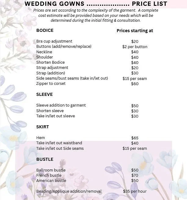 Wedding gown price list detailing costs for different gown components such as bodice, sleeve, skirt, and bustle, with floral background design.