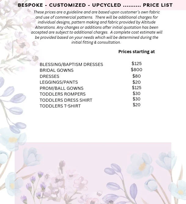 Price list for custom, upcycled dresses and clothing, with prices starting at $20 for T-shirts and pants, up to $800 for bridal gowns, decorated with floral patterns in pastel colors.