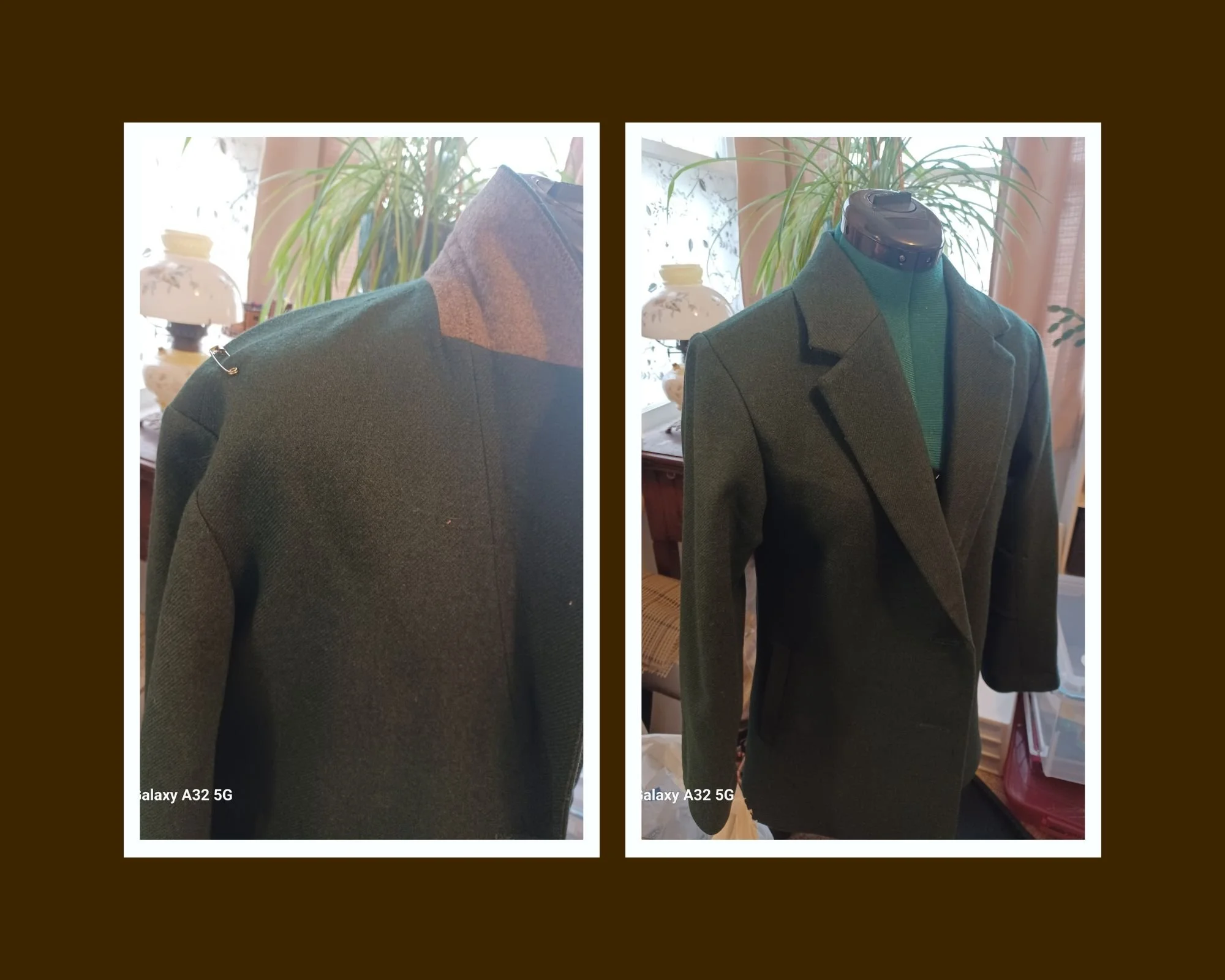 Side and front views of a green plaid blazer jacket displayed on mannequins in a floral-patterned room with a lamp, plants, window, and furniture in the background.