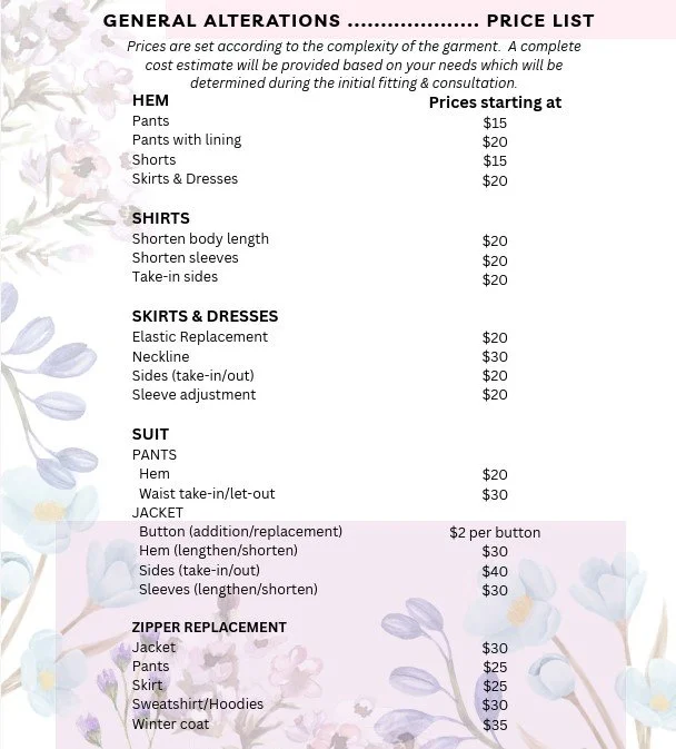 Price list for general clothing alterations including prices for hems, shirts, skirts and dresses, suits, zipper replacements, and a floral background design.