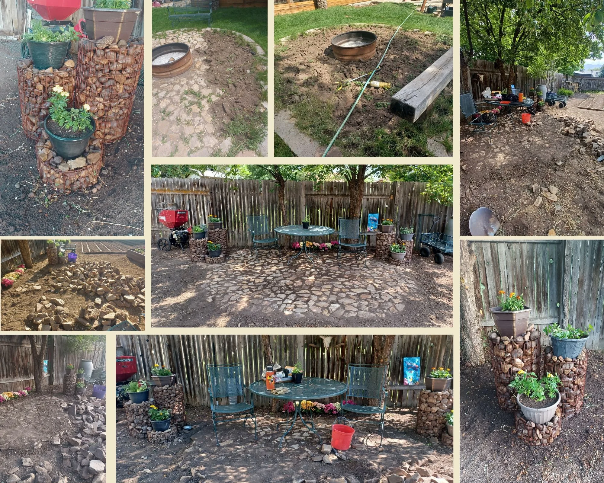 Sequence of images showing a garden area under renovation, including a circular stone patio, stacking of rocks in wire cages for a planter, and organized outdoor furniture with potted plants and gardening tools.