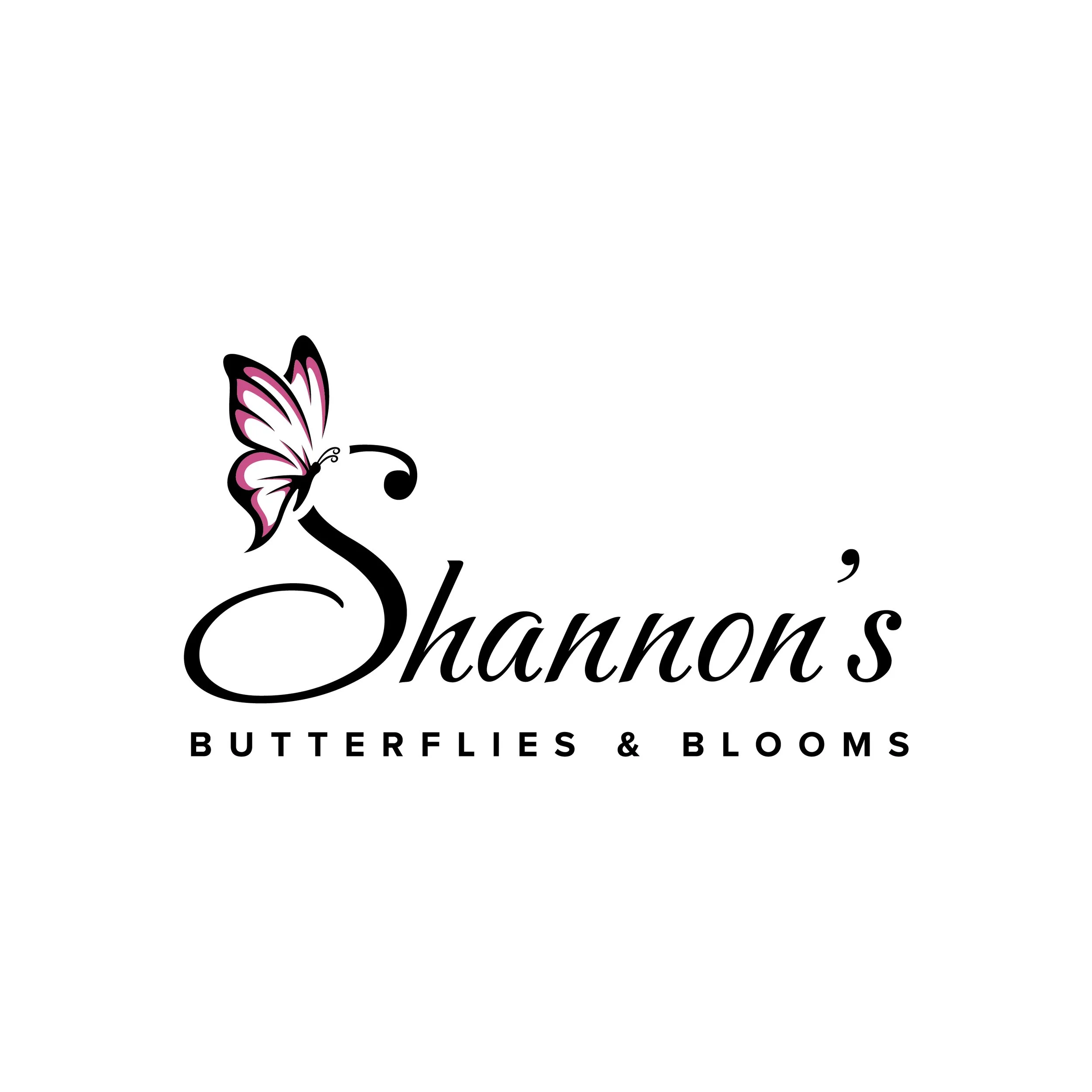 Logo for Shannon's Butterflies & Blooms featuring a stylized butterfly with pink and white wings and black outlines above the text
