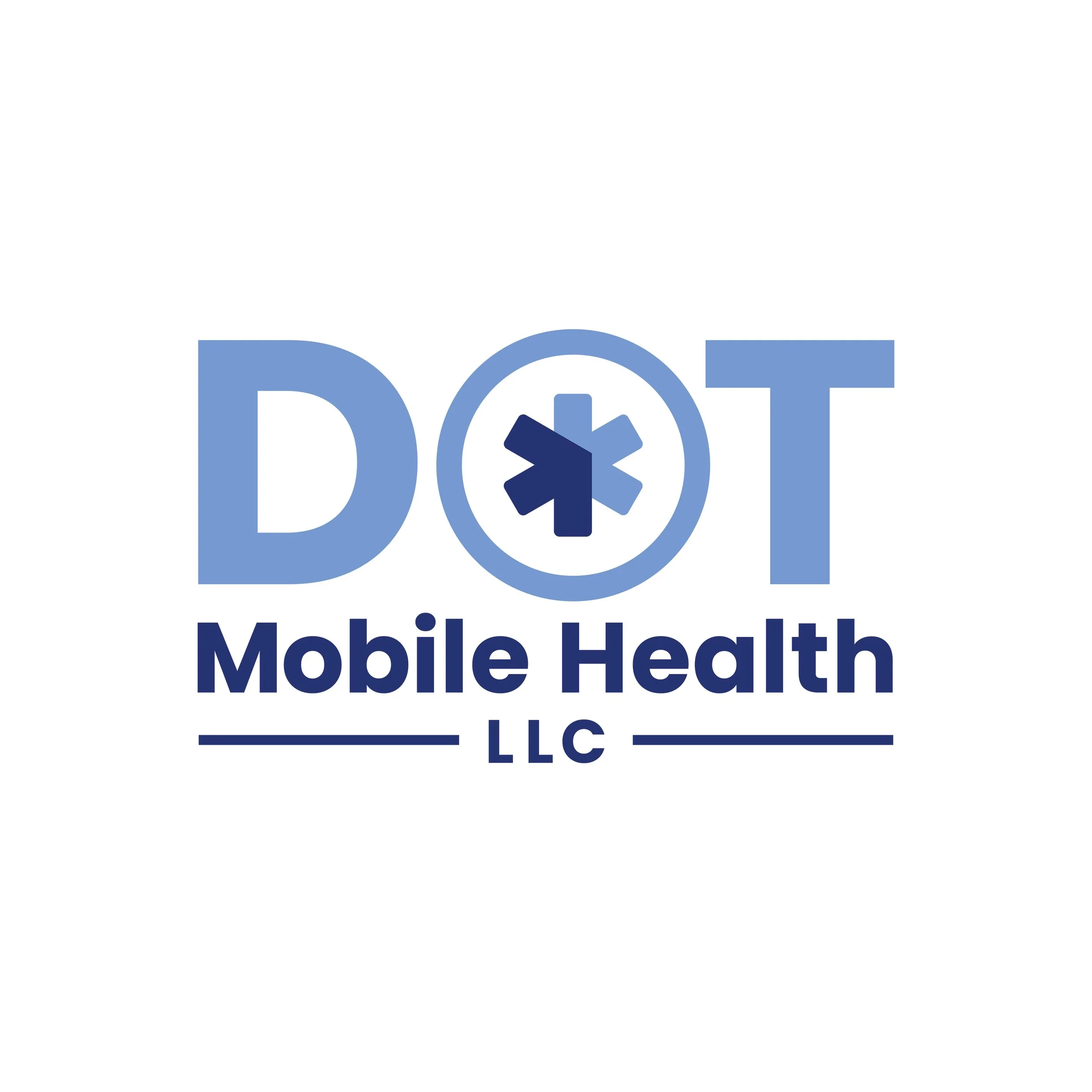 Logo for DOT Mobile Health LLC featuring large blue letters 'D', 'O', 'T' with a medical symbol inside the 'O', and the text 'Mobile Health LLC' below in dark blue.
