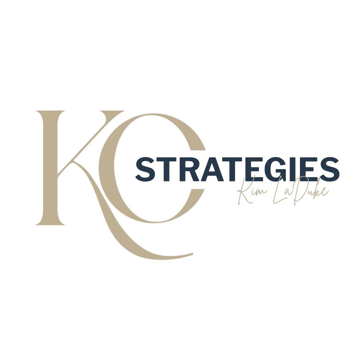 Logo for KC Strategies by Kim LaDuke, featuring large beige letters 'K' and 'C' with 'Strategies' written in dark blue and 'Kim LaDuke' in light cursive.