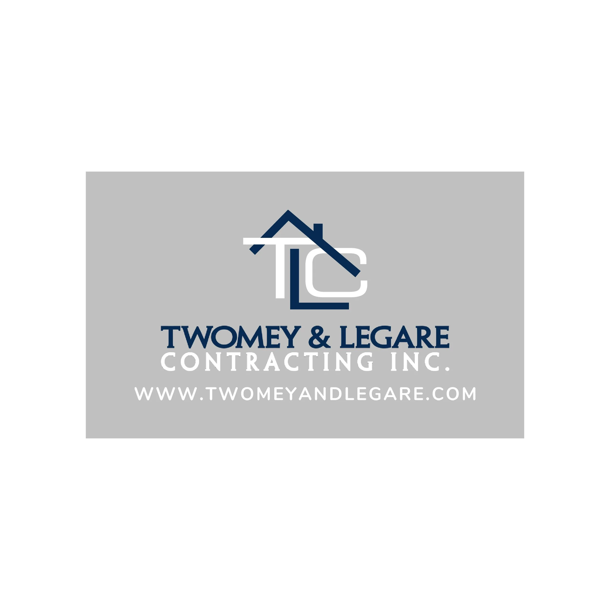 Logo for Twomey & Legare Contracting Inc., featuring a stylized house with a roof and chimney, with the company name and website www.twomandlegare.com underneath.