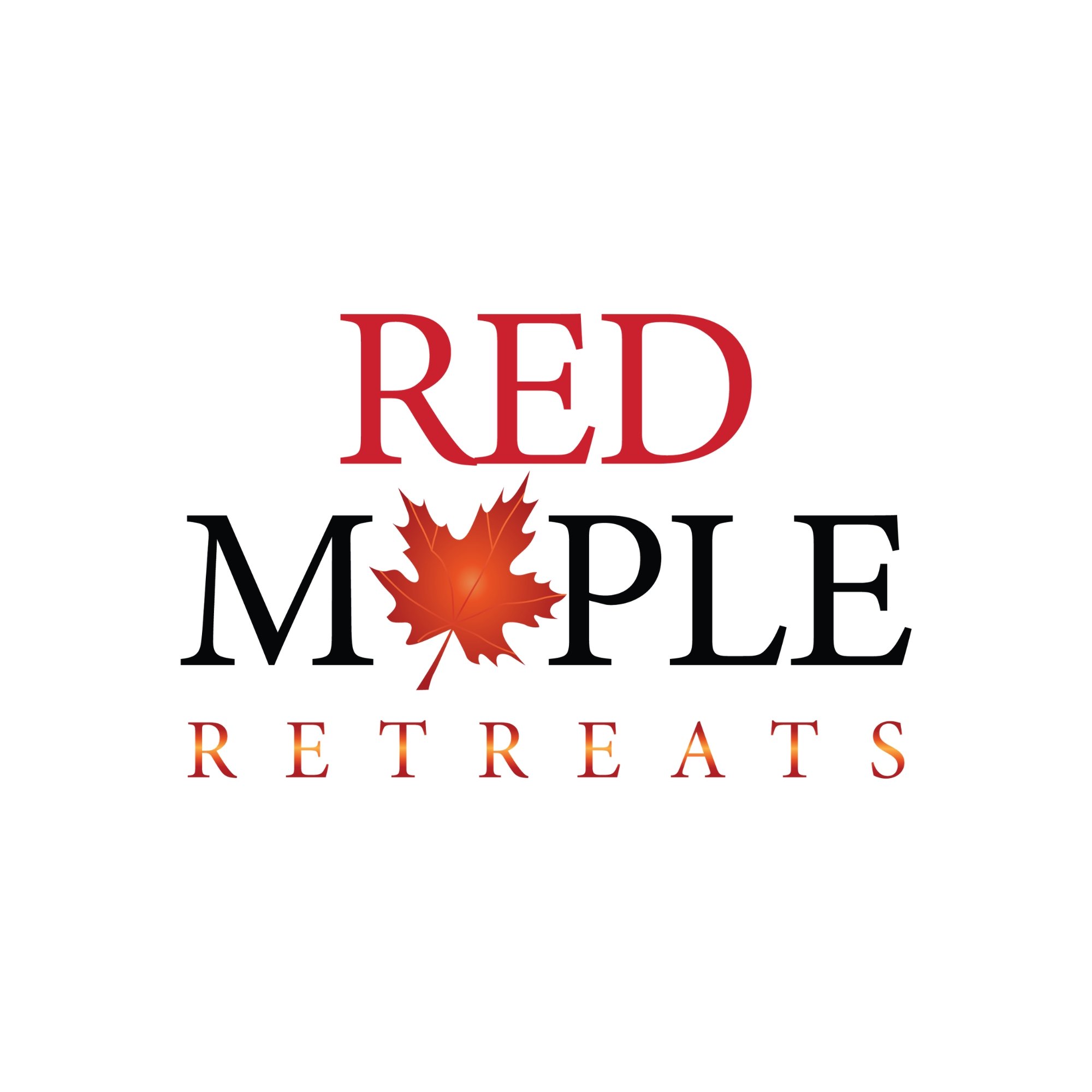 Text that reads 'Red Maple Retreats' with a red maple leaf between the words 'Maple' and 'Retreats'.