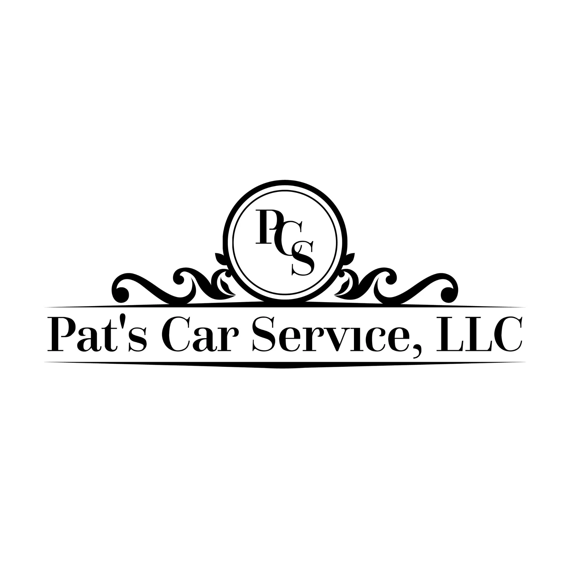 Logo of Pat's Car Service LLC, featuring stylized black script text inside a circular emblem with ornamental accents.