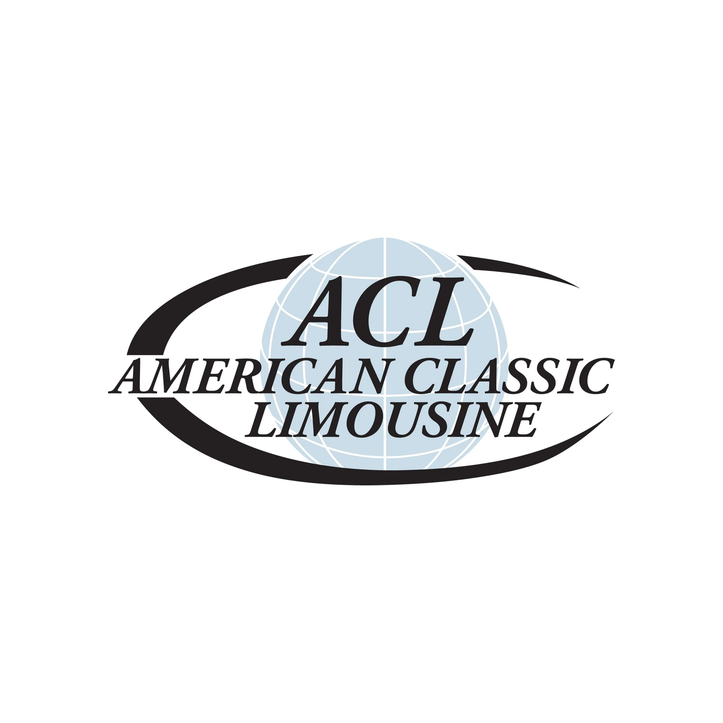 Logo for American Classic Limousine featuring a globe with grid lines and black, stylized text with the initials 'ACL' and the company name.