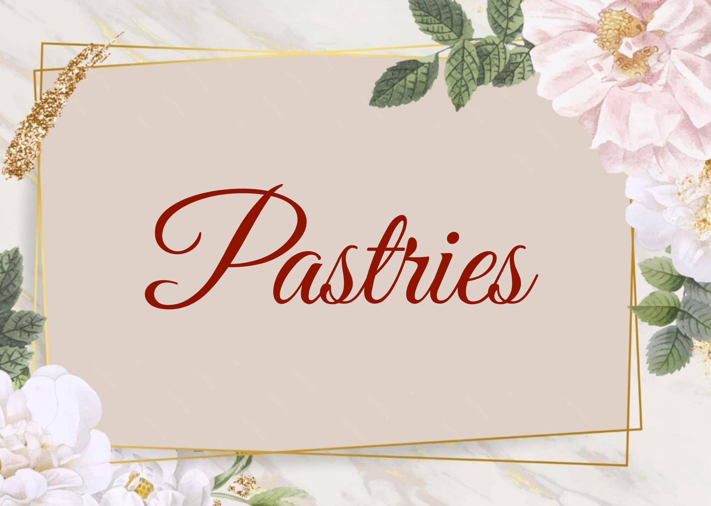 A decorative floral banner with the word 'Fashions' in elegant script, surrounded by pink and white flowers and green leaves, featuring a gold and beige color scheme.