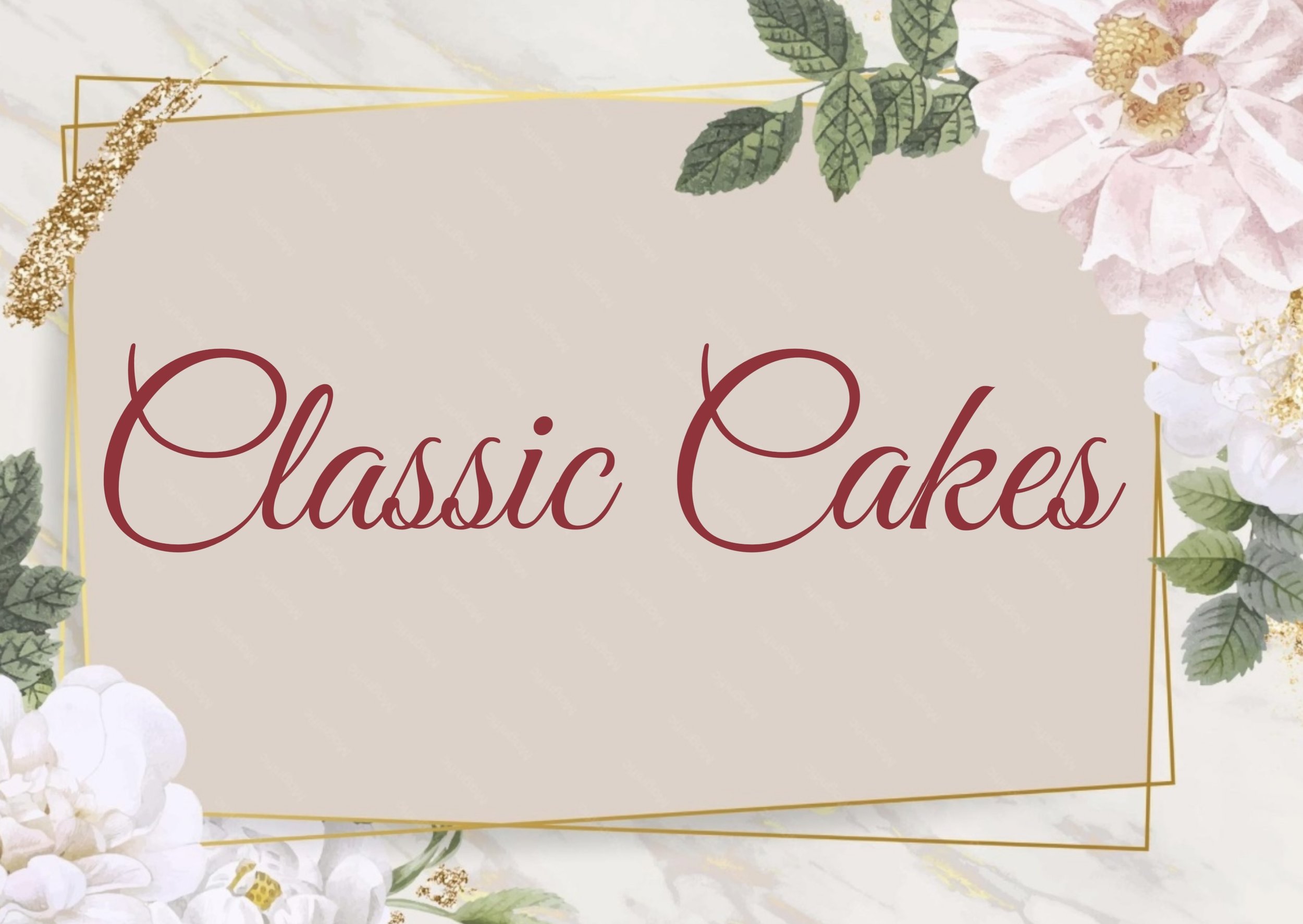 A decorative sign with the words 'Classic Cakes' written in red cursive, surrounded by a floral arrangement of white and pink flowers, green leaves, and gold accents.