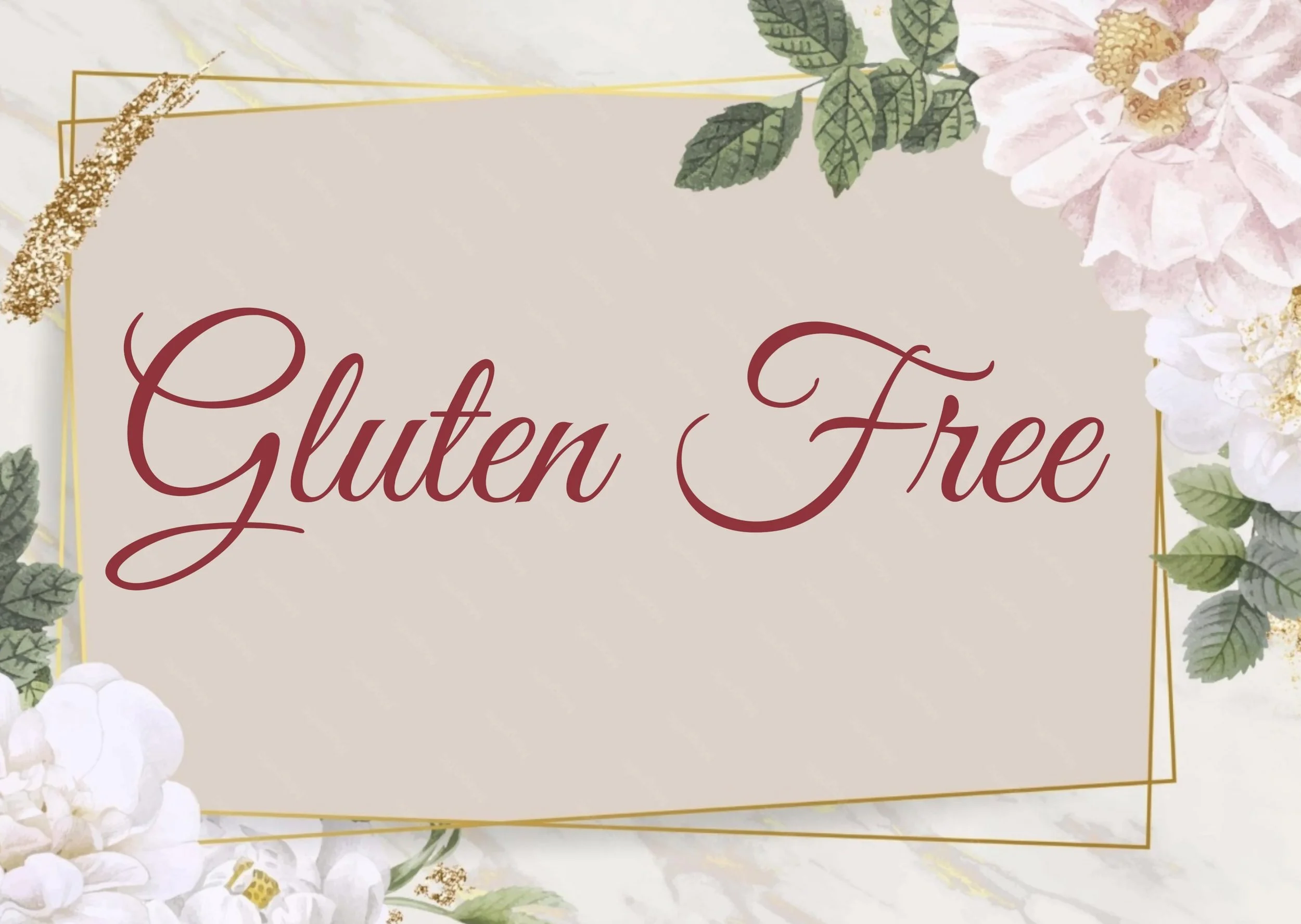 A decorative card with floral accents and the words 'Gluten Free' written in elegant maroon script.