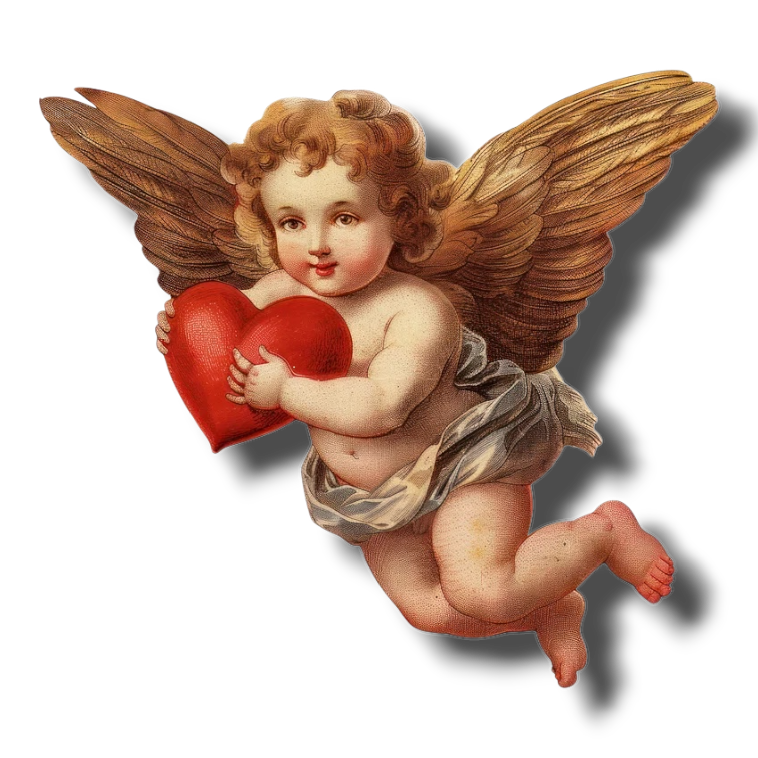 A vintage illustration of a cherub with curly blonde hair, holding a red heart, with large detailed brown wings, floating against a black background.