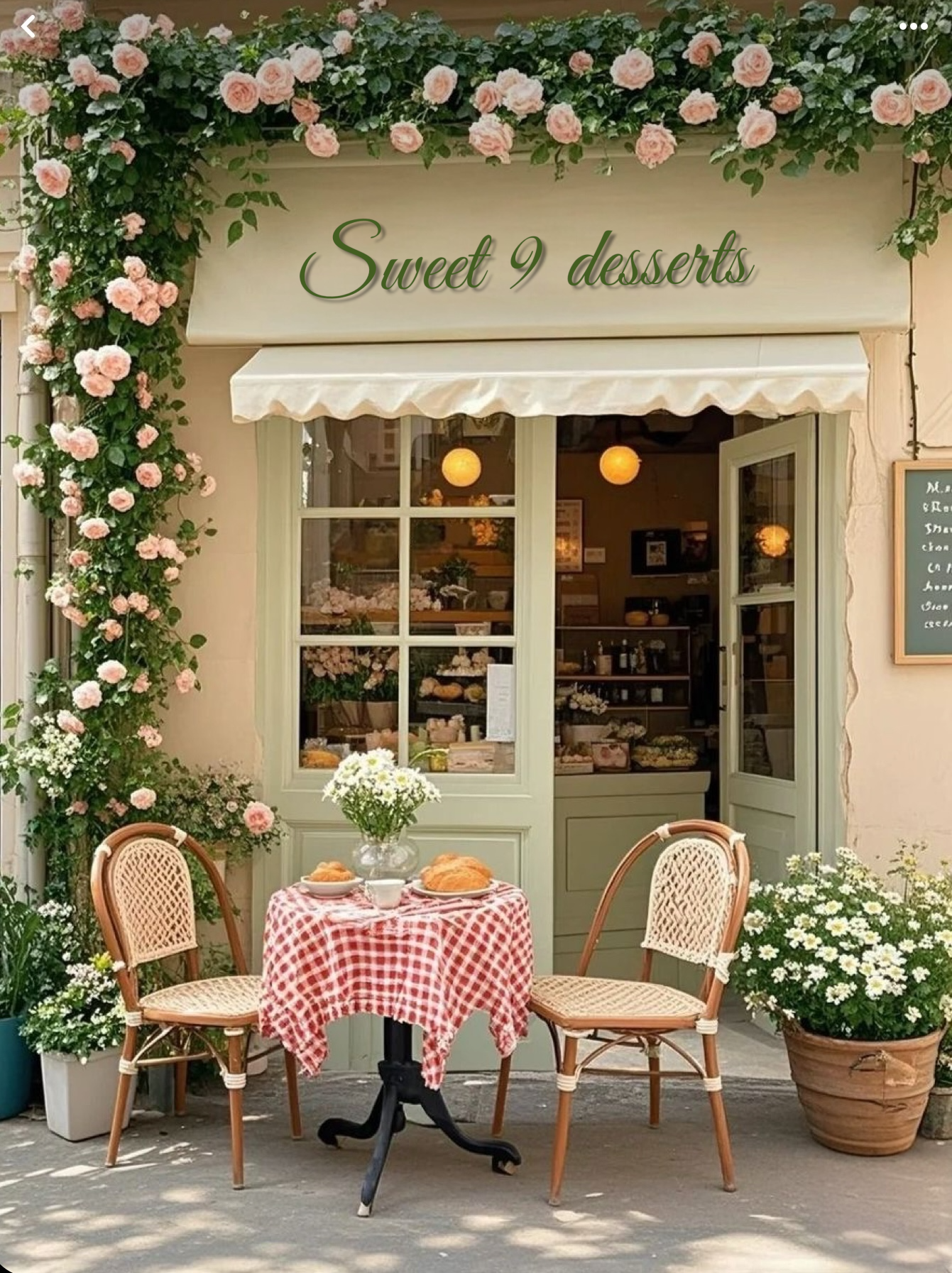 A quaint flower shop with pink roses decorating the storefront. In front, there is a small outdoor table with a red and white checkered tablecloth, set for two with bread and cups. Two chairs are placed around the table, and potted white flowers are on either side of the entrance.