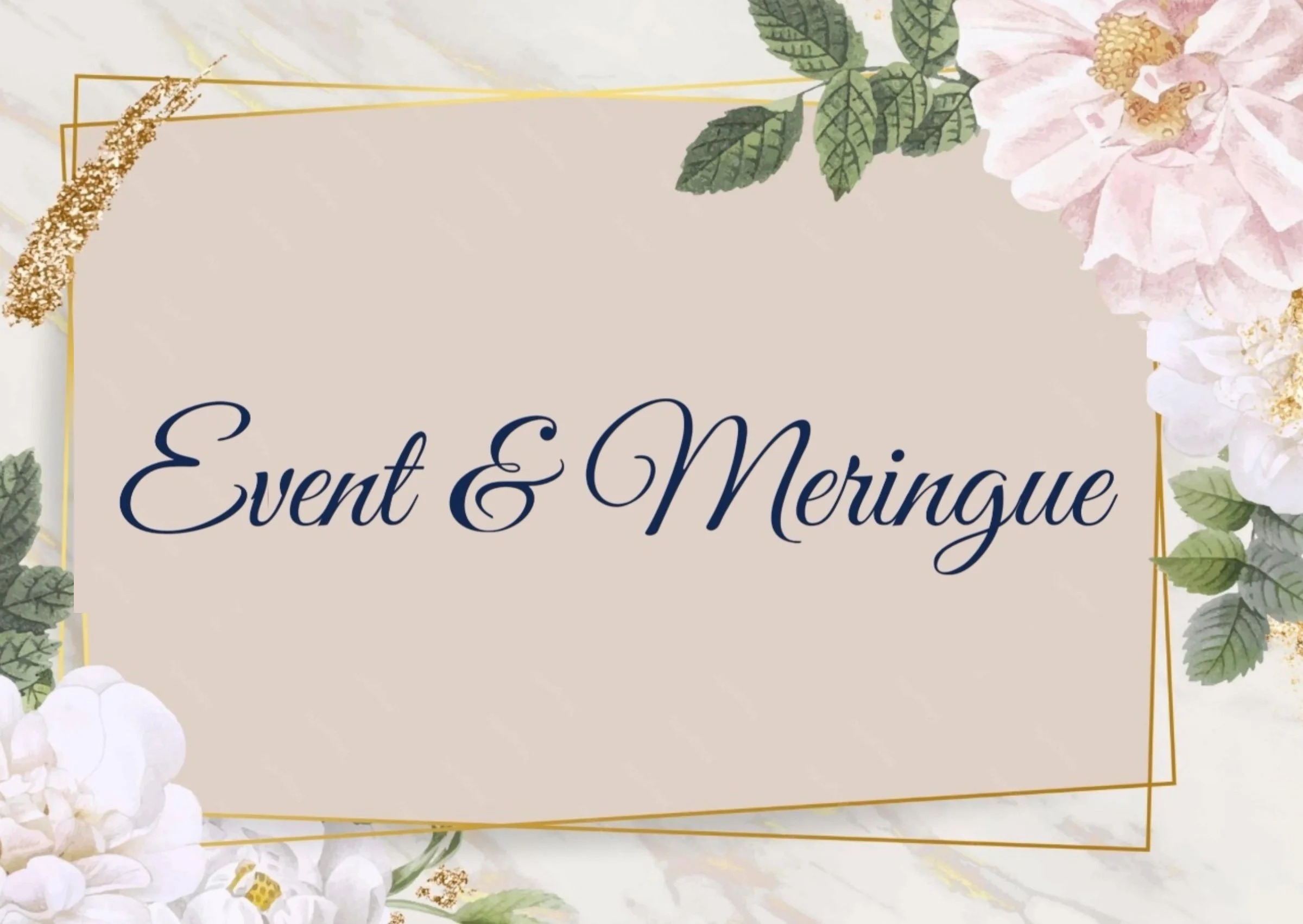 Event and Meritage written on a floral decorated invitation card with pink and white flowers and green leaves.