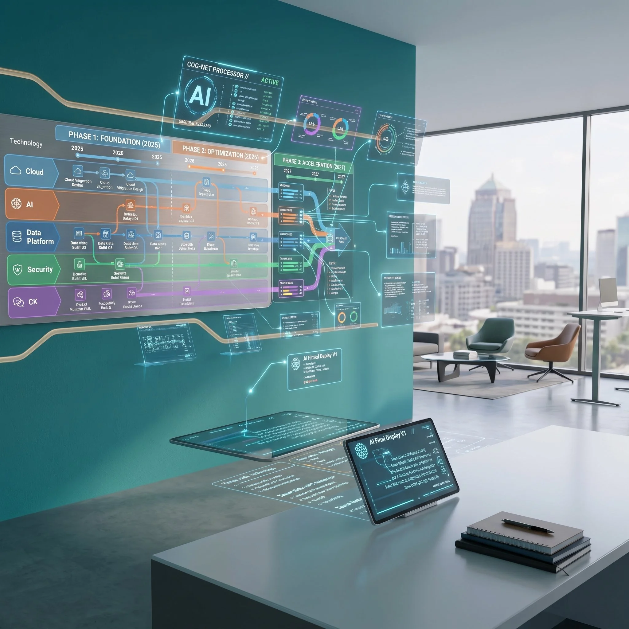 A modern office conference room with a holographic digital display showing charts, graphs, and information related to AI technology and project phases, with sunlight coming through large windows and city buildings in the background.