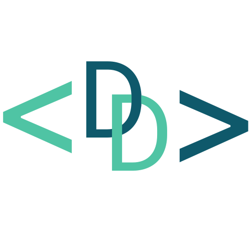 Coding symbols with two less-than signs < and two greater-than signs > enclosing two overlapping letter D's in different shades of teal.