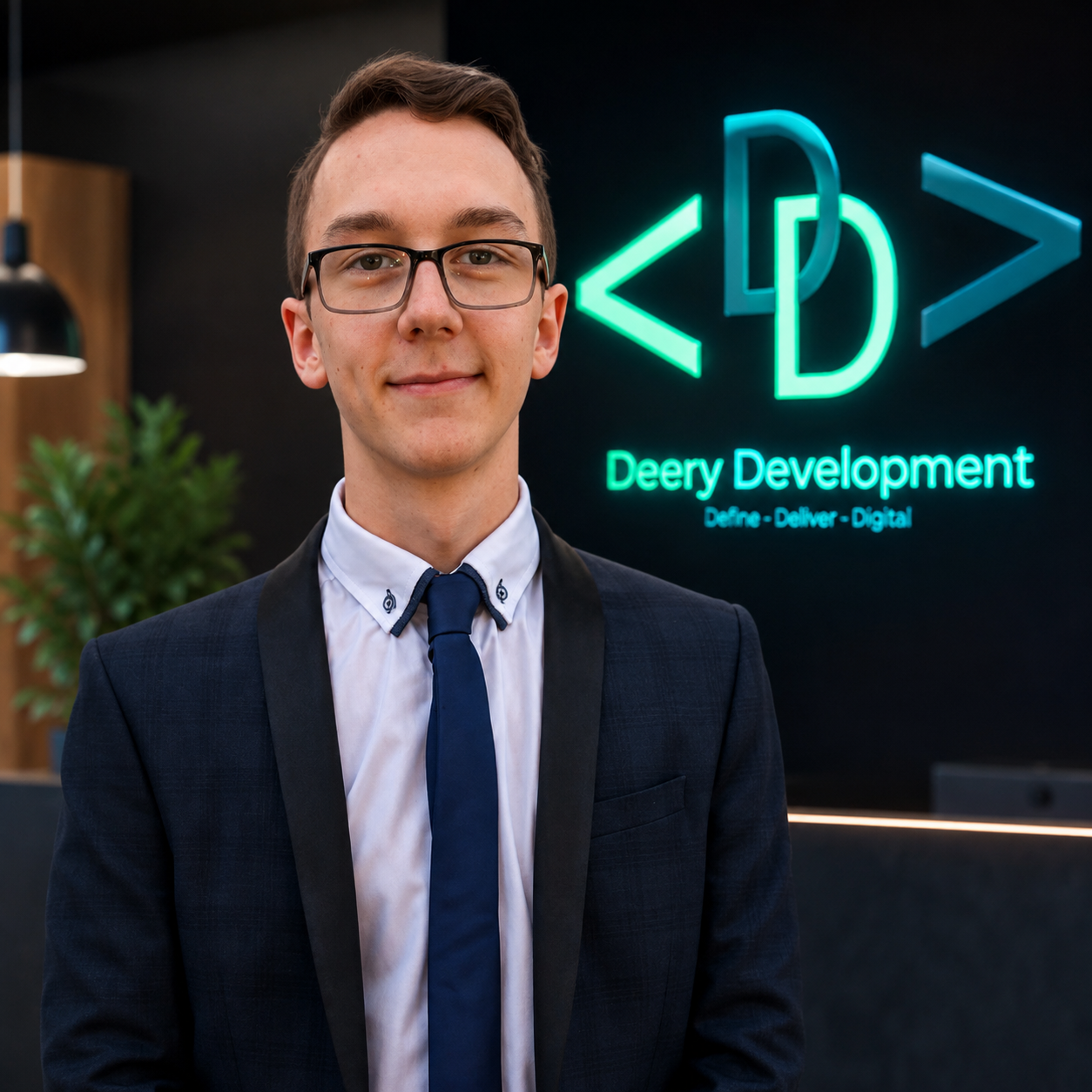 A young man wearing glasses, a white shirt, a blue tie, and a dark suit jacket stands in front of a digital neon sign that reads 'Deery Development' with the tagline 'Define - Deliver - Digital.' The background includes a potted plant and modern decor.