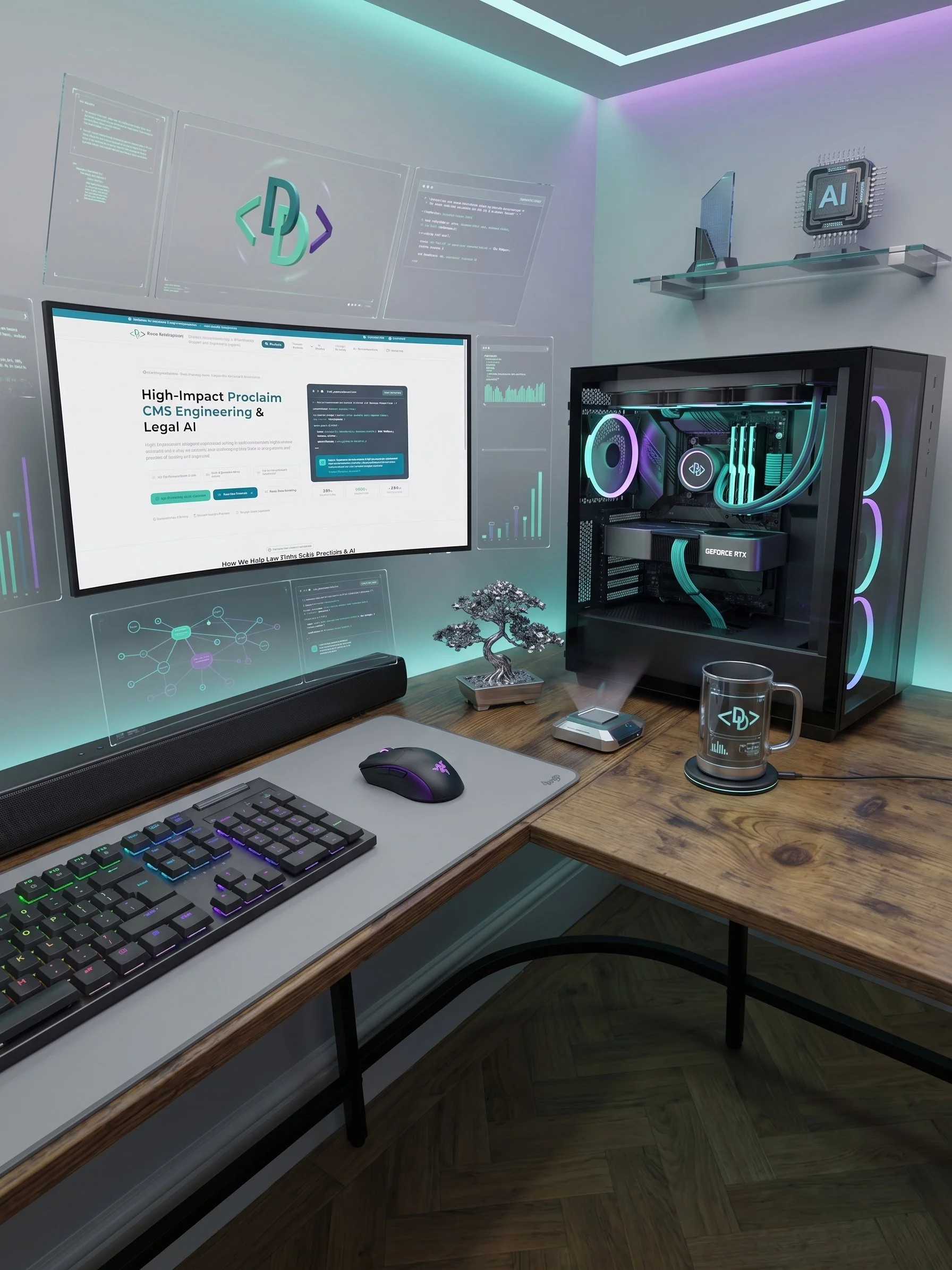 A computer desk setup with a monitor displaying a website about CMS engineering and AI, a mechanical keyboard with RGB lighting, a gaming mouse, a glass mug with a logo, a modern computer tower with RGB lighting, and a small decorative bonsai tree on the desk.