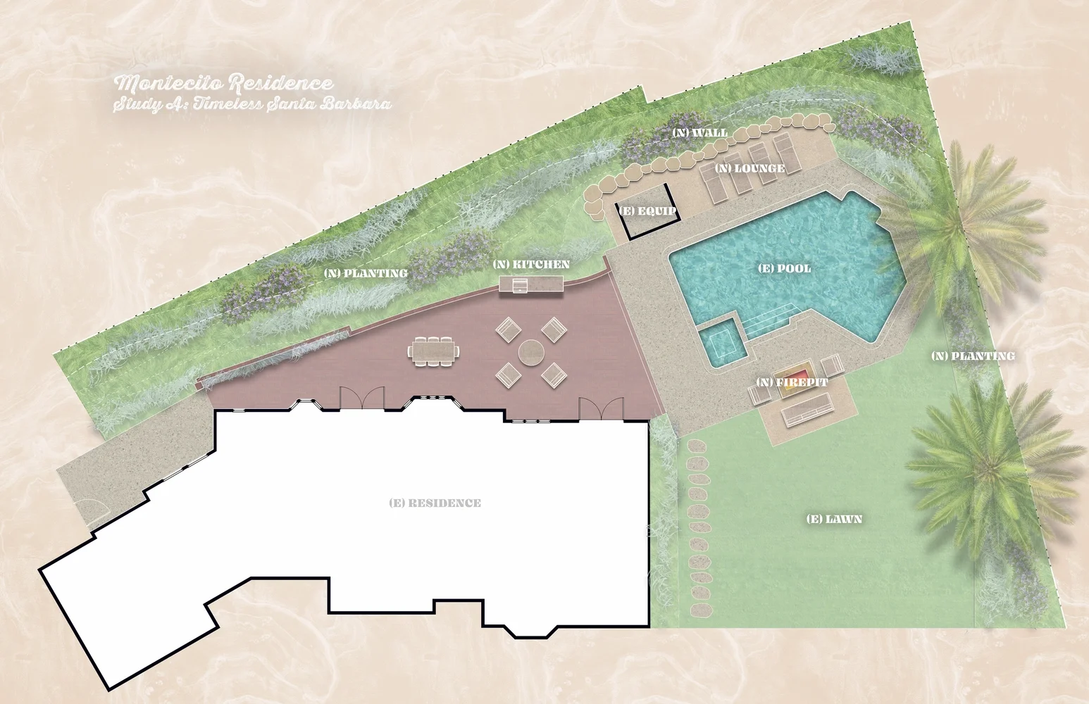 A landscape layout plan for a home in Montecito, with a pool, outdoor kitchen and firepit