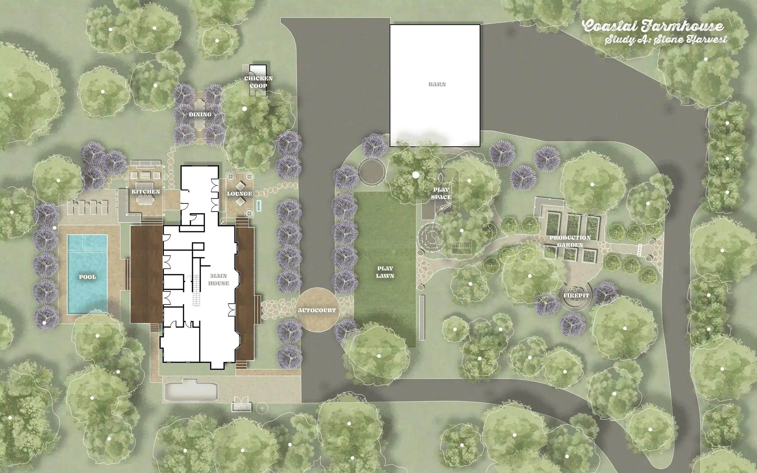 Map of coastal farmhouse with labeled areas including main house, pool, kitchen, dining, lounge, chicken coop, barn, play spaces, production garden, firepit, and autocabt.