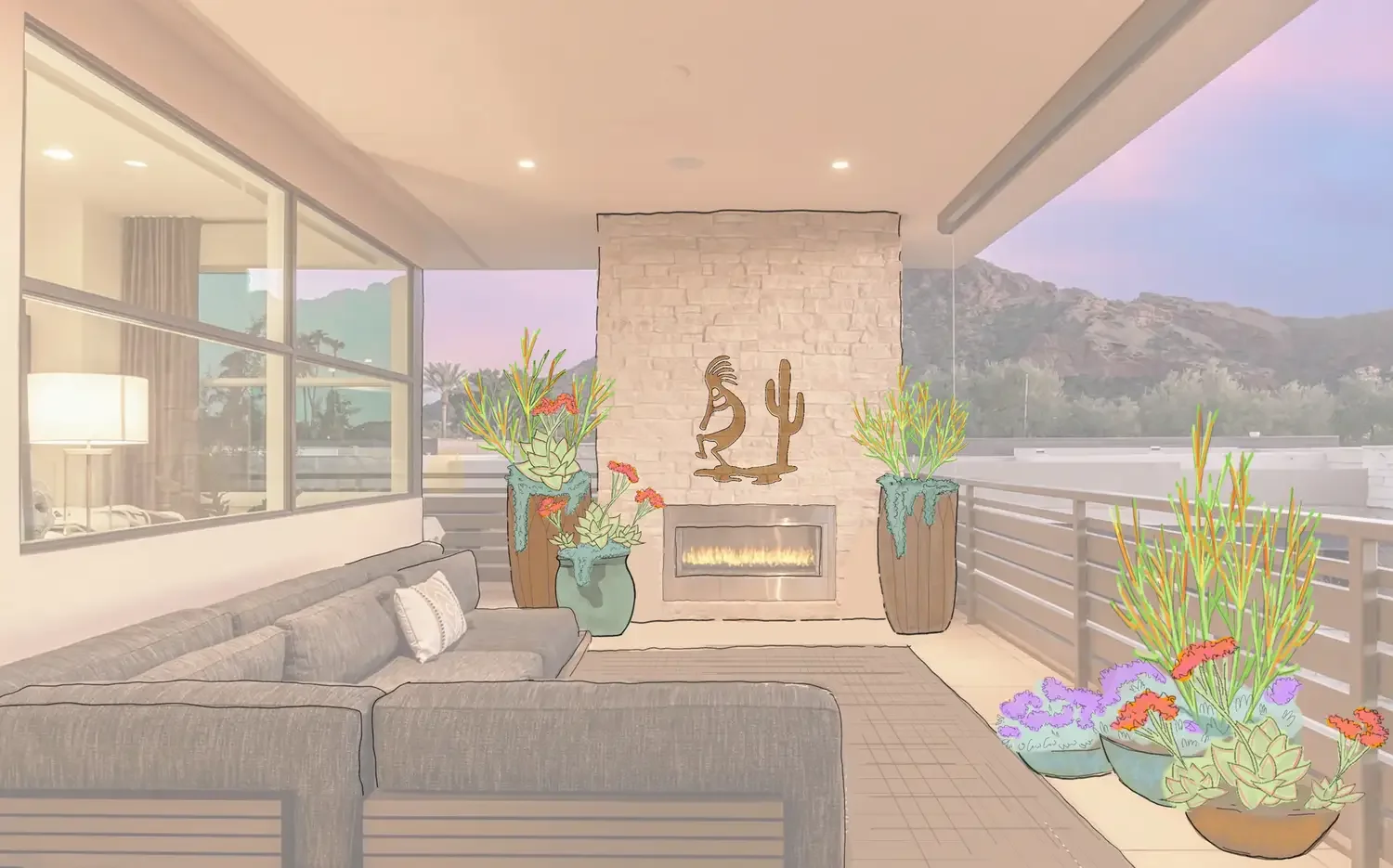 Artwork of a modern outdoor patio with a fireplace, large potted plants, and scenic mountains in the background.