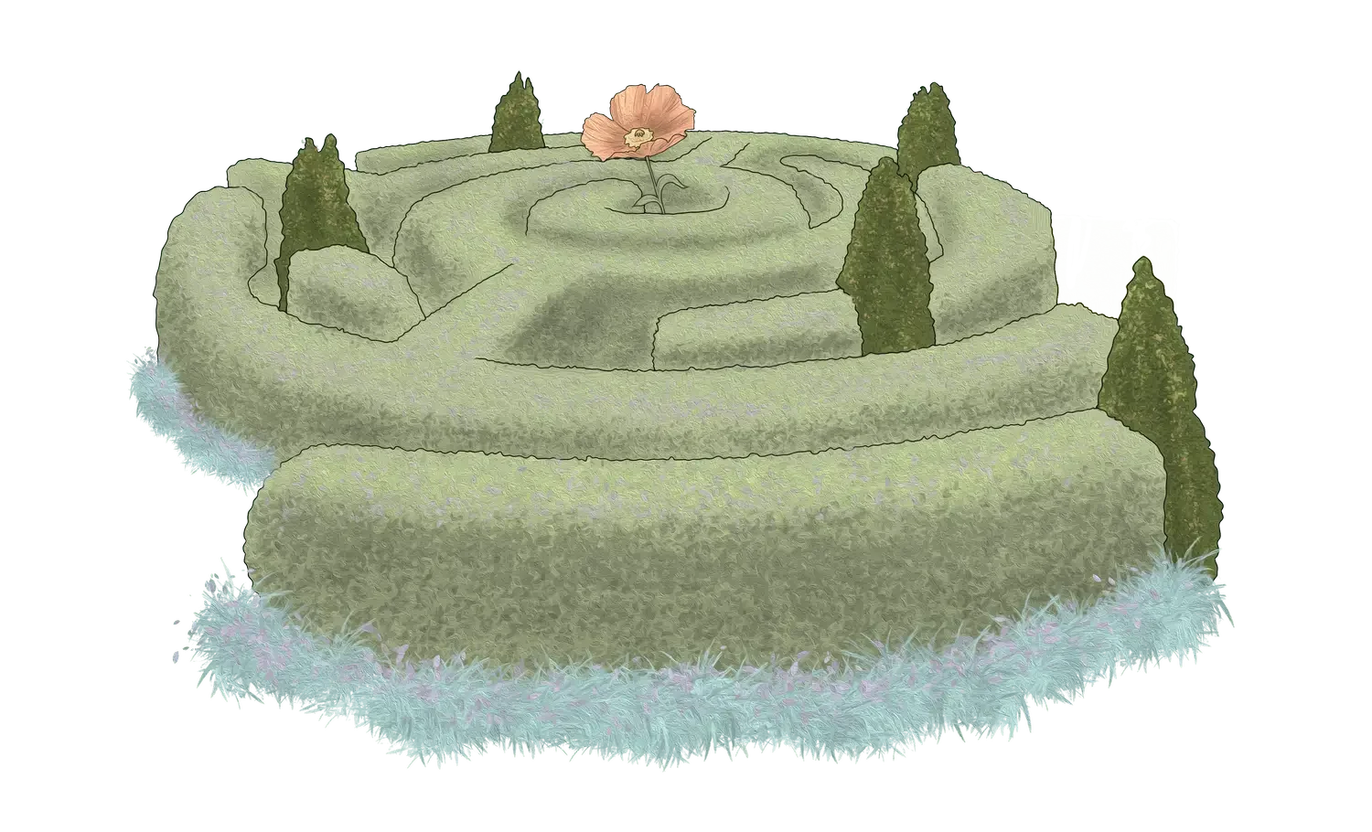 A top view of a circular garden maze with tall, narrow trees and a pink flower at the center.